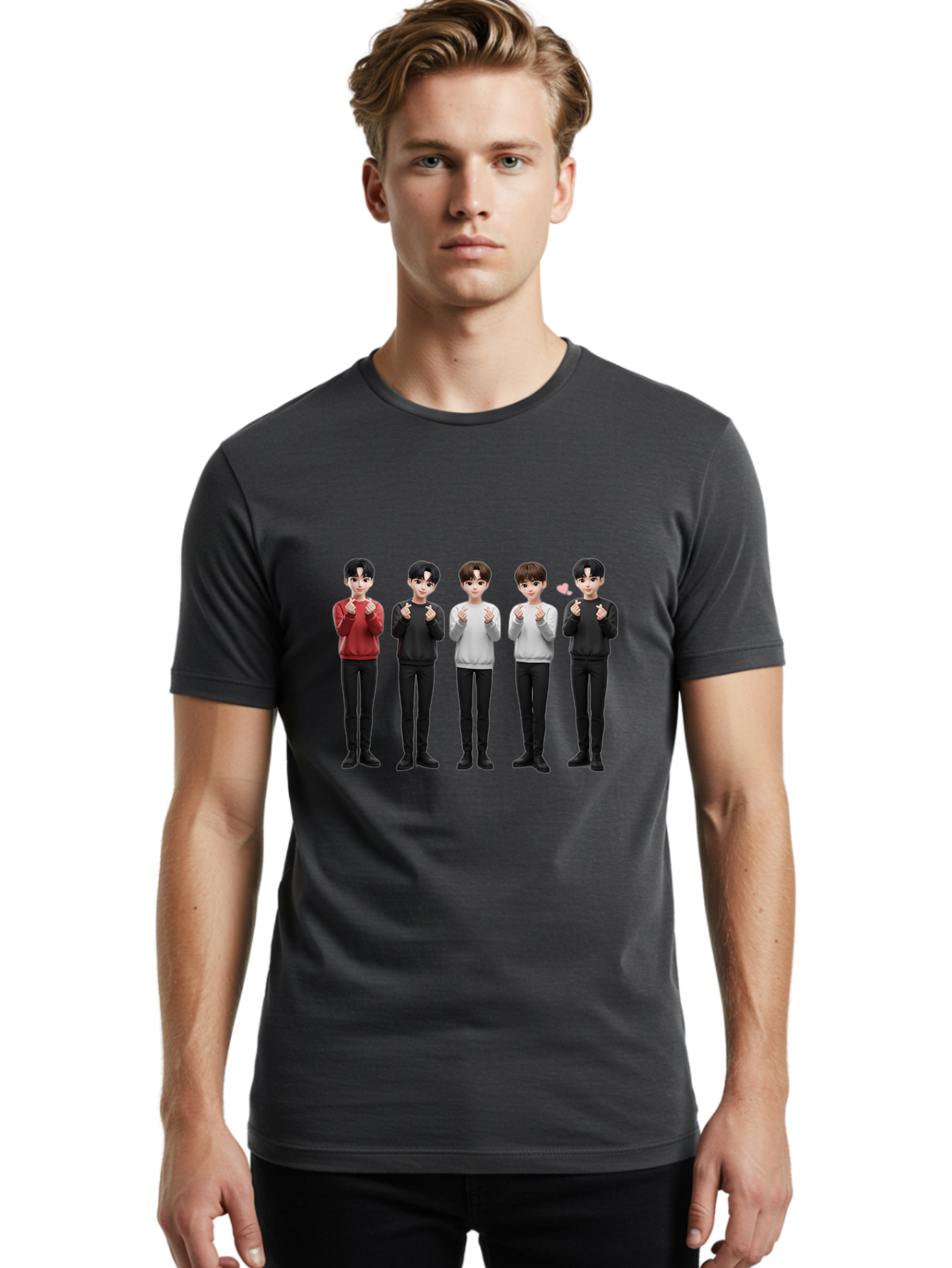 K-Pop-Idols Men'S Graphic Tee, 100% Cotton, Comfortable Casual Summer Wear, Machine Washable, 3D Cartoon Characters, Young Men, Black Hair, Varied Sweaters, Black Pants, Hand Gestures, Fist Bumps, Heart Symbol, Digital Art, Kawaii Style, Bac102