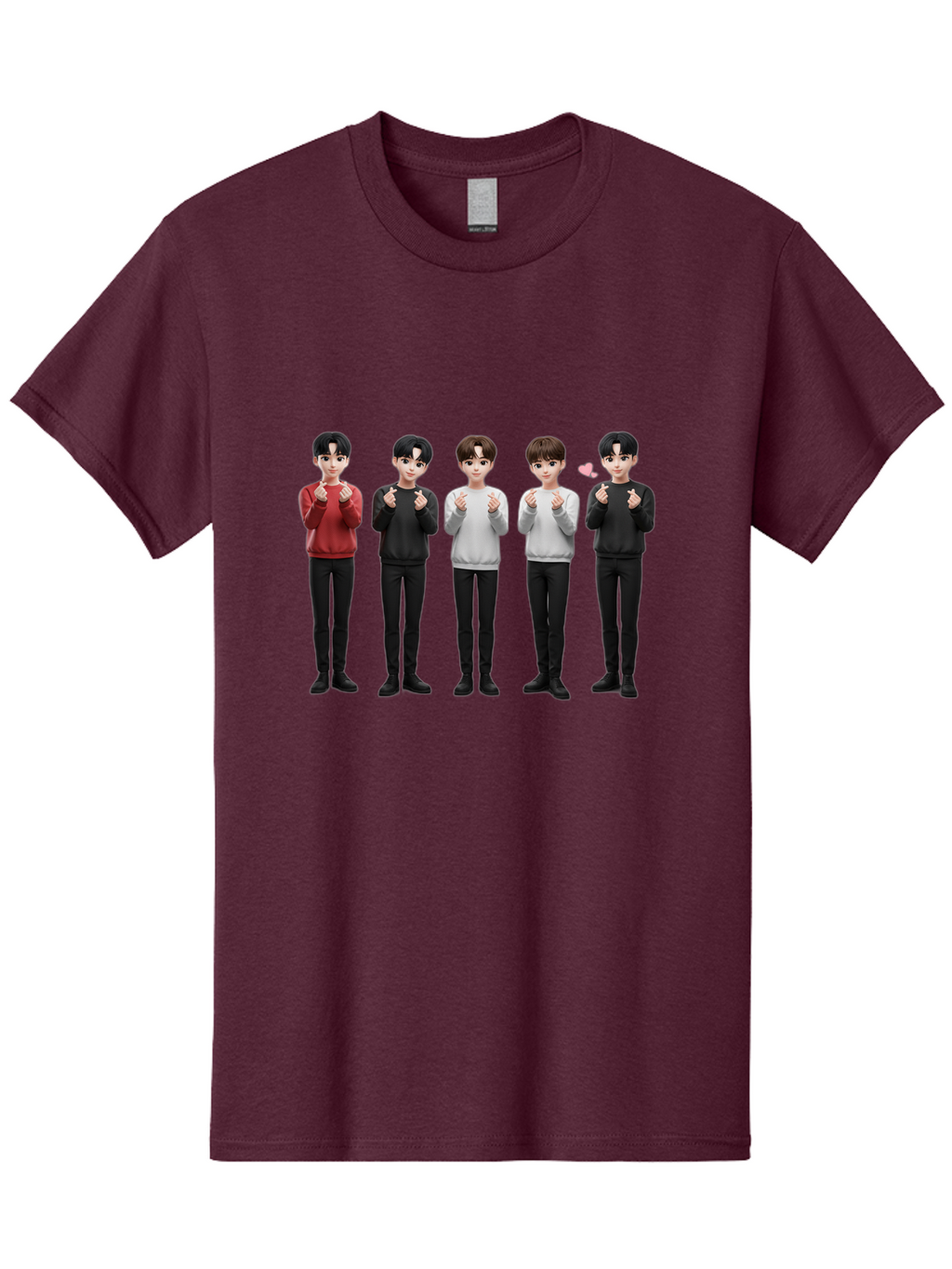 K-Pop-Idols Men'S Graphic Tee, 100% Cotton, Comfortable Casual Summer Wear, Machine Washable, 3D Cartoon Characters, Young Men, Black Hair, Varied Sweaters, Black Pants, Hand Gestures, Fist Bumps, Heart Symbol, Digital Art, Kawaii Style, Bac102