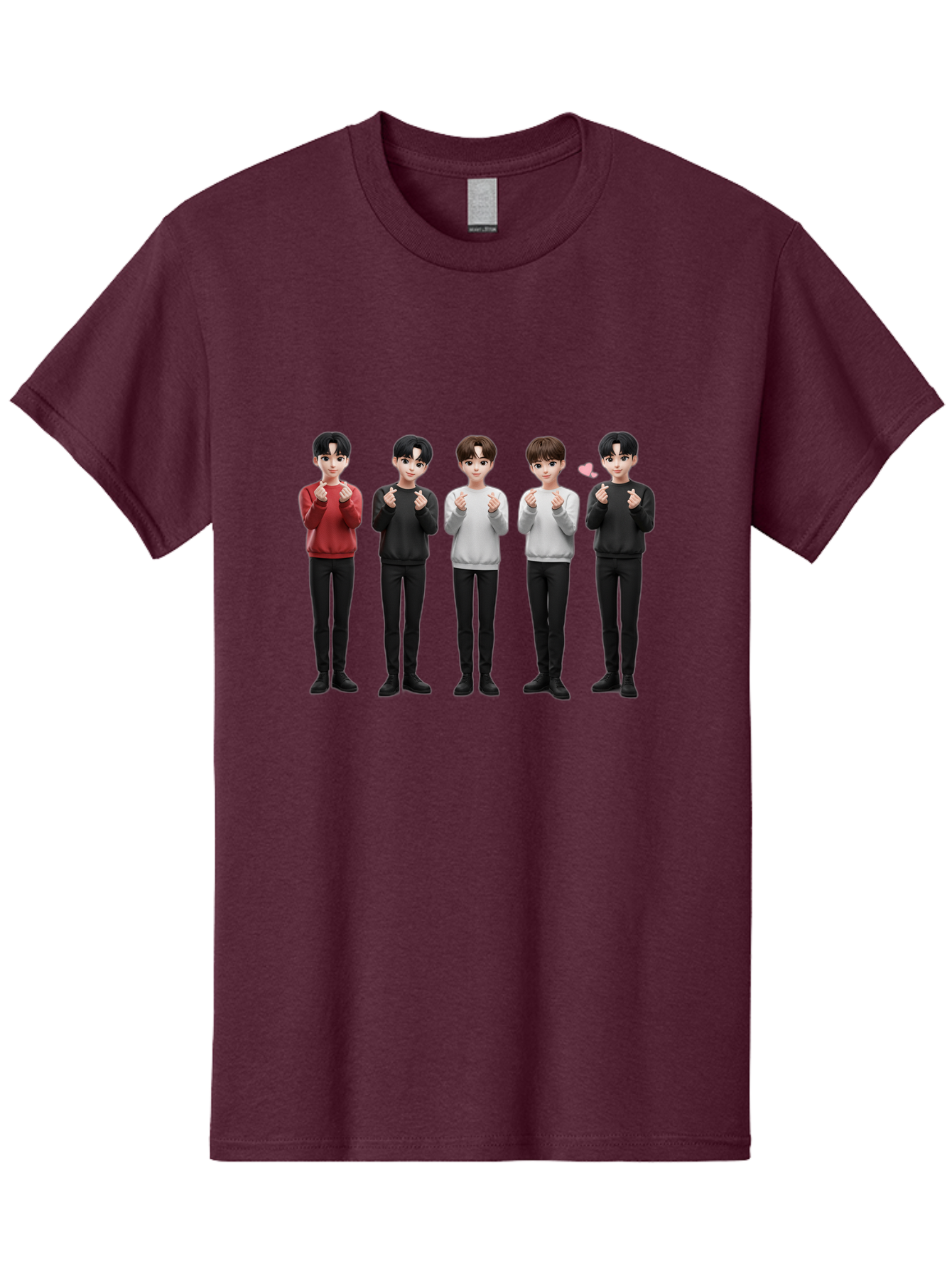 K-Pop-Idols Men'S Graphic Tee, 100% Cotton, Comfortable Casual Summer Wear, Machine Washable, 3D Cartoon Characters, Young Men, Black Hair, Varied Sweaters, Black Pants, Hand Gestures, Fist Bumps, Heart Symbol, Digital Art, Kawaii Style, Bac102
