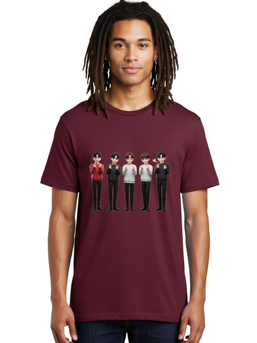 K-Pop-Idols Men'S Graphic Tee, 100% Cotton, Comfortable Casual Summer Wear, Machine Washable, 3D Cartoon Characters, Young Men, Black Hair, Varied Sweaters, Black Pants, Hand Gestures, Fist Bumps, Heart Symbol, Digital Art, Kawaii Style, Bac102