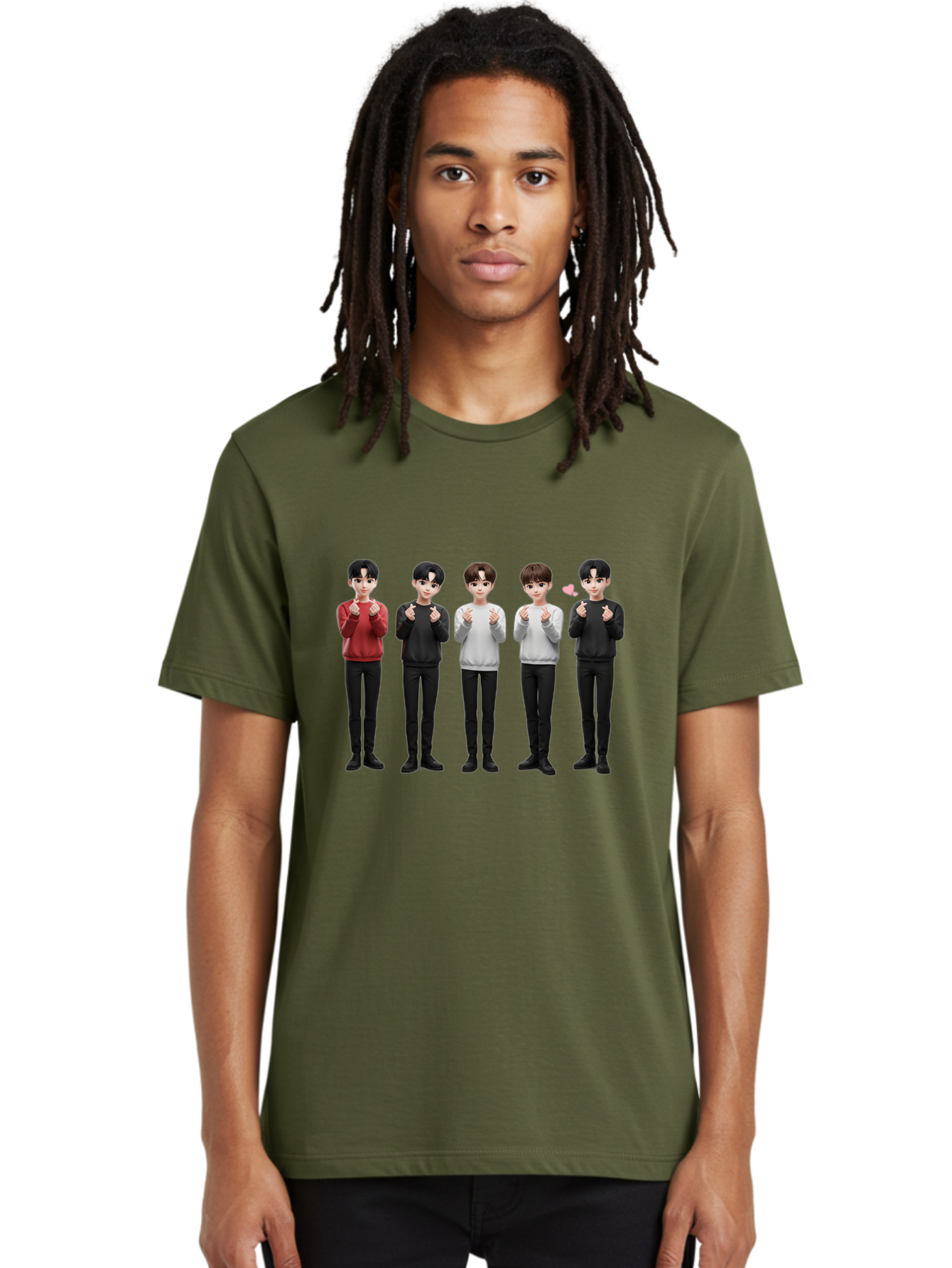 K-Pop-Idols Men'S Graphic Tee, 100% Cotton, Comfortable Casual Summer Wear, Machine Washable, 3D Cartoon Characters, Young Men, Black Hair, Varied Sweaters, Black Pants, Hand Gestures, Fist Bumps, Heart Symbol, Digital Art, Kawaii Style, Bac102