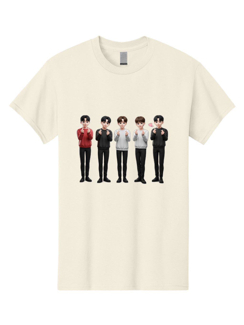 K-Pop-Idols Men'S Graphic Tee, 100% Cotton, Comfortable Casual Summer Wear, Machine Washable, 3D Cartoon Characters, Young Men, Black Hair, Varied Sweaters, Black Pants, Hand Gestures, Fist Bumps, Heart Symbol, Digital Art, Kawaii Style, Bac102