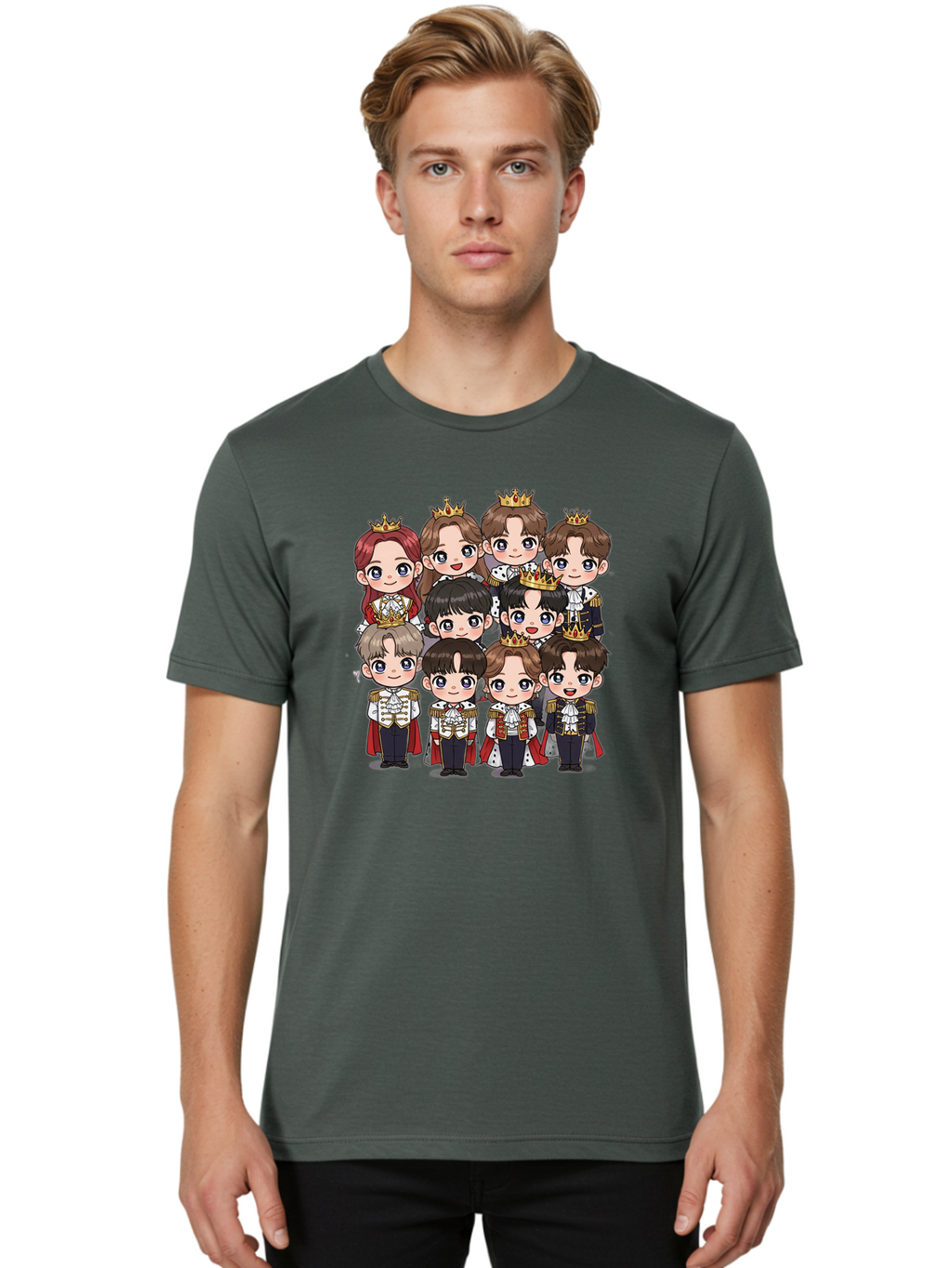 K-Pop-Royalty Men'S Graphic Tee, 100% Cotton, Comfortable Casual Summer Wear, Machine Washable, K-Pop Group, Cartoon Characters, Royal Attire, Crowned Figures, Chibi Style, Cuteness Overload, Idols, Fashion Icons, Cartoon Illustrations Bac103