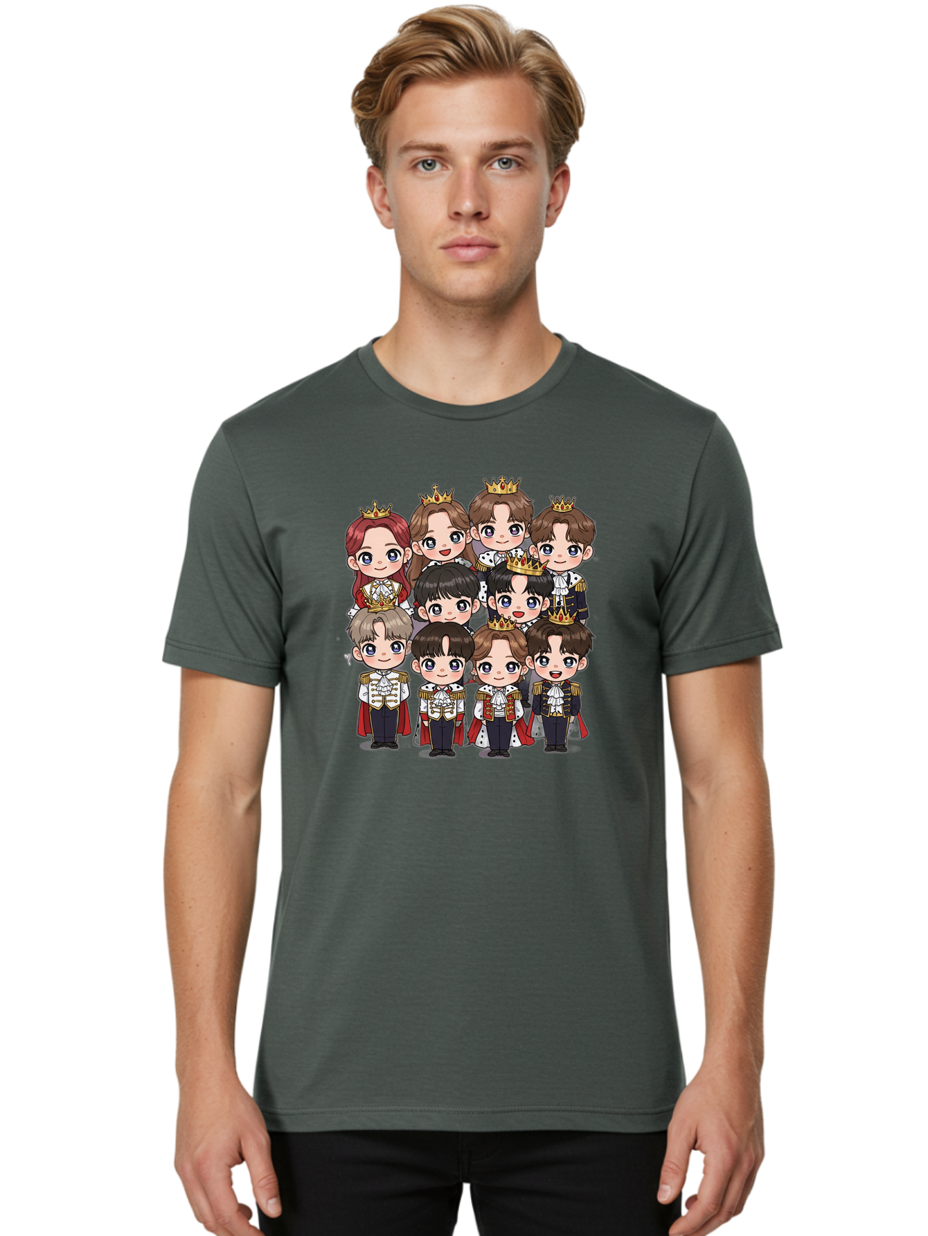 K-Pop-Royalty Men'S Graphic Tee, 100% Cotton, Comfortable Casual Summer Wear, Machine Washable, K-Pop Group, Cartoon Characters, Royal Attire, Crowned Figures, Chibi Style, Cuteness Overload, Idols, Fashion Icons, Cartoon Illustrations Bac103
