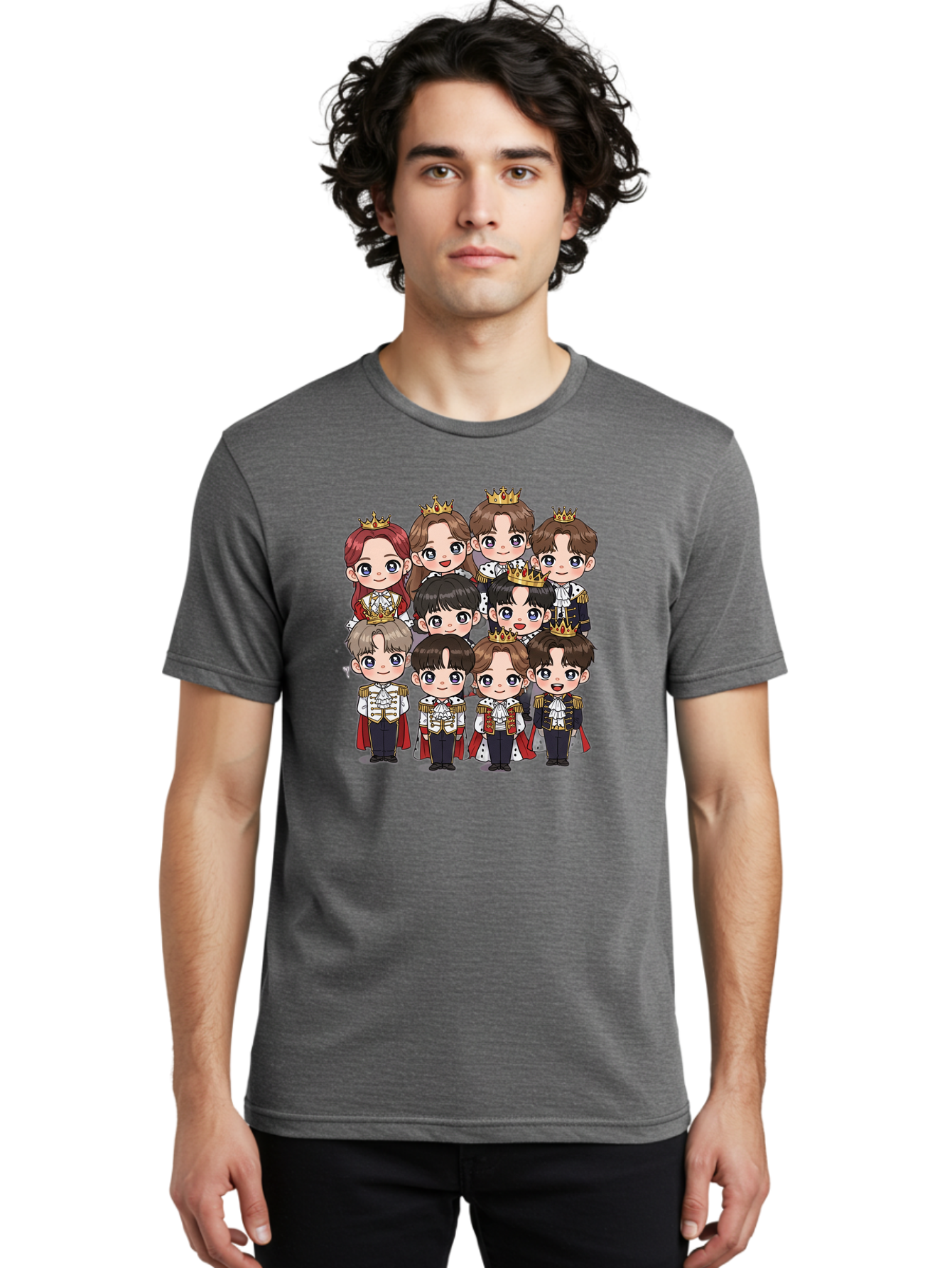 K-Pop-Royalty Men'S Graphic Tee, 100% Cotton, Comfortable Casual Summer Wear, Machine Washable, K-Pop Group, Cartoon Characters, Royal Attire, Crowned Figures, Chibi Style, Cuteness Overload, Idols, Fashion Icons, Cartoon Illustrations Bac103