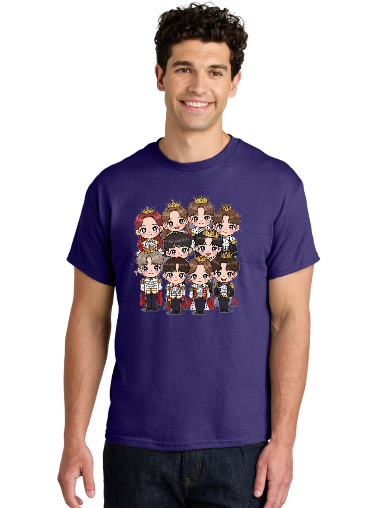 K-Pop-Royalty Men'S Graphic Tee, 100% Cotton, Comfortable Casual Summer Wear, Machine Washable, K-Pop Group, Cartoon Characters, Royal Attire, Crowned Figures, Chibi Style, Cuteness Overload, Idols, Fashion Icons, Cartoon Illustrations Bac103