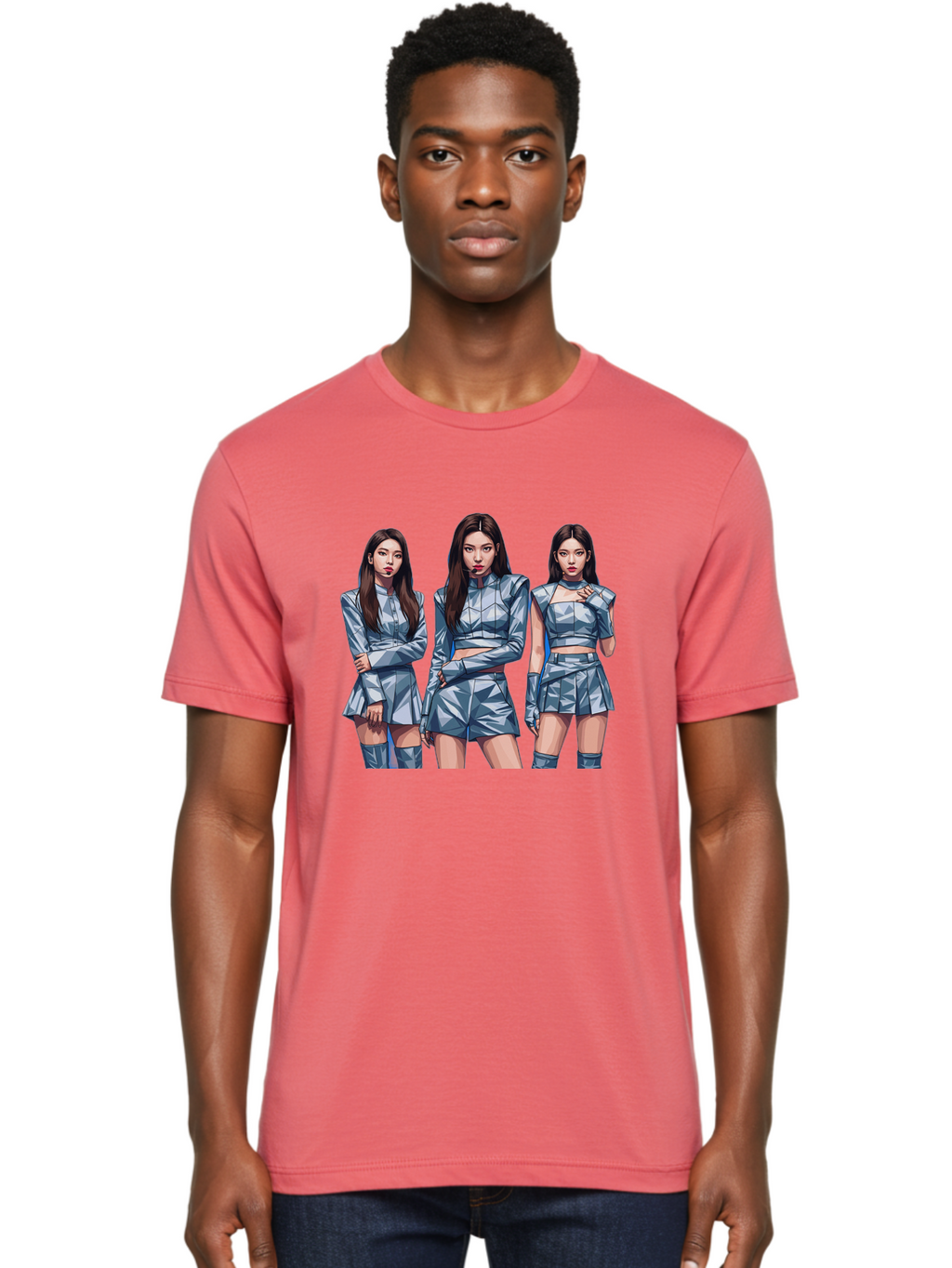K-Pop-Trio Men'S Graphic Tee, 100% Cotton, Comfortable Casual Summer Wear, Machine Washable, K-Pop Group, Female Idols, Silver Outfits, Futuristic Fashion, Fashion Models, Group Portrait, Pop Art Style, Confident Poses, Long Hair, Bac104