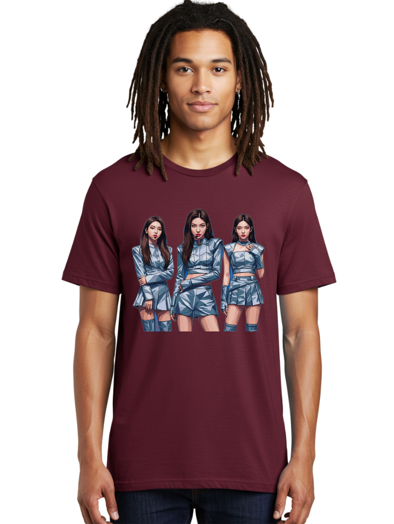 K-Pop-Trio Men'S Graphic Tee, 100% Cotton, Comfortable Casual Summer Wear, Machine Washable, K-Pop Group, Female Idols, Silver Outfits, Futuristic Fashion, Fashion Models, Group Portrait, Pop Art Style, Confident Poses, Long Hair, Bac104