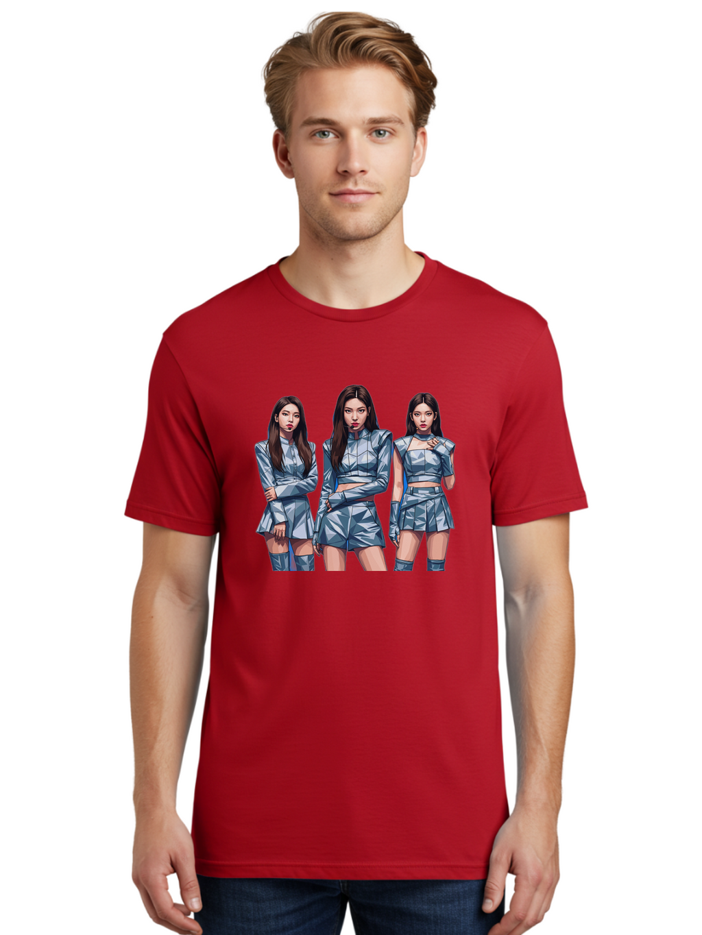 K-Pop-Trio Men'S Graphic Tee, 100% Cotton, Comfortable Casual Summer Wear, Machine Washable, K-Pop Group, Female Idols, Silver Outfits, Futuristic Fashion, Fashion Models, Group Portrait, Pop Art Style, Confident Poses, Long Hair, Bac104