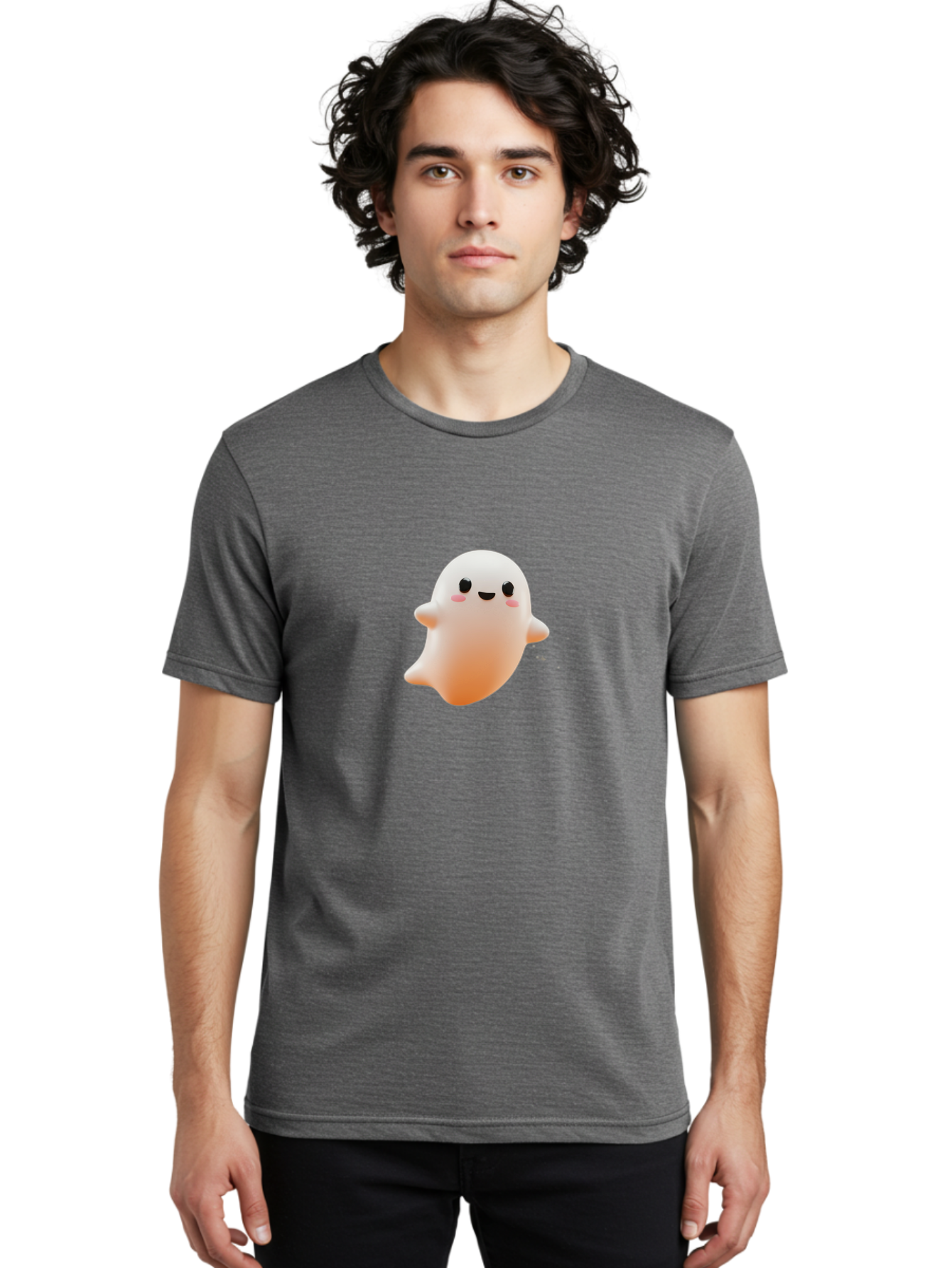 Kawaii-Ghost Men'S Graphic Tee, 100% Cotton, Comfortable Casual Summer Wear, Machine Washable, Cartoon Ghost, Cute Character, Adorable Design, Smiling Face, Pink Cheeks, White Ghost, Kawaii Art, Friendly Spirit, Halloween Character Bac105
