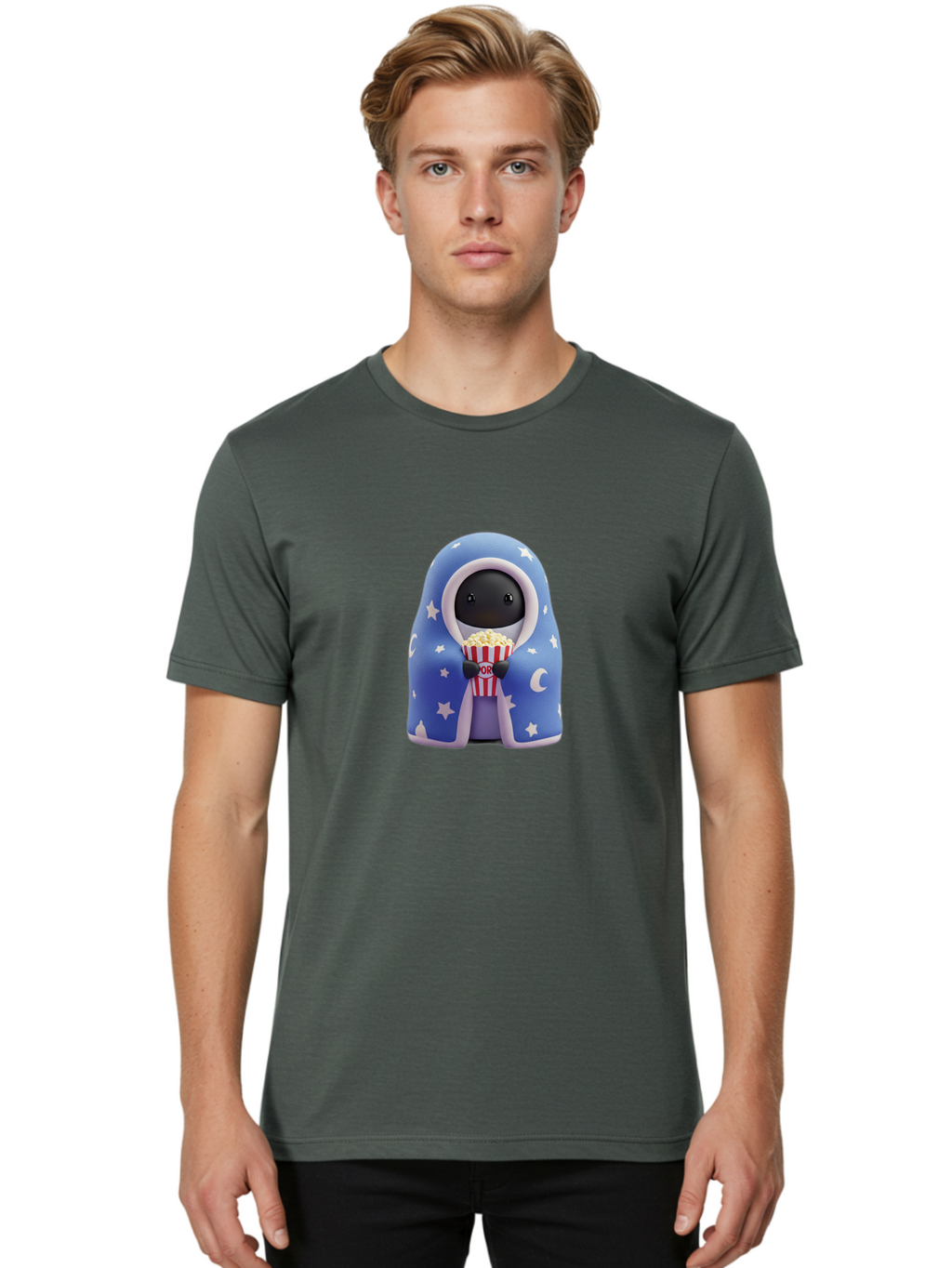 Kaws-Companion Men'S Graphic Tee, 100% Cotton, Comfortable Casual Summer Wear, Machine Washable, Cartoon Character, Blue Robe With Stars, Holding Popcorn, Moon Symbol, Night Theme, Cute Design, Whimsical, Pop Culture, Relaxed, Casual, Bac107