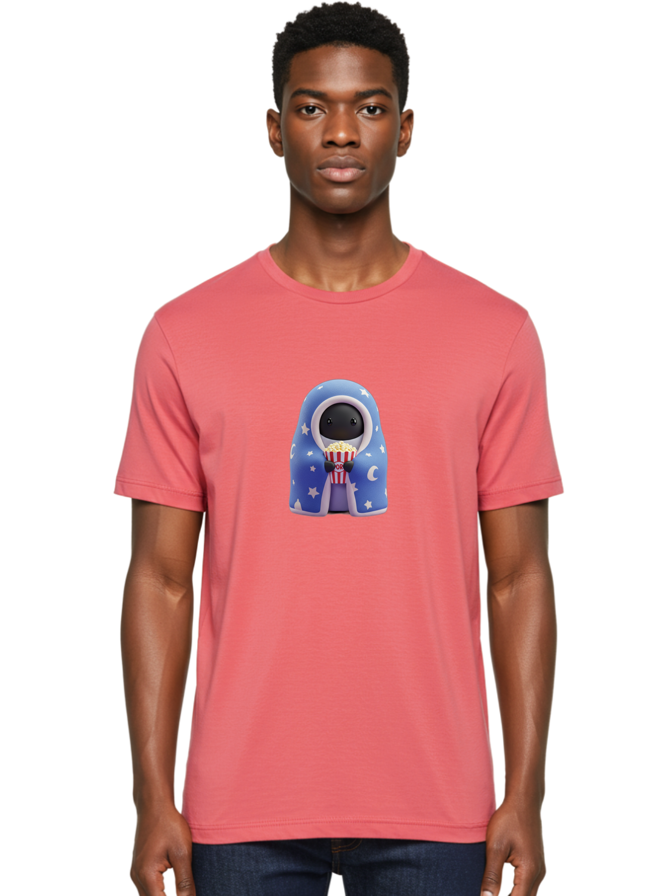 Kaws-Companion Men'S Graphic Tee, 100% Cotton, Comfortable Casual Summer Wear, Machine Washable, Cartoon Character, Blue Robe With Stars, Holding Popcorn, Moon Symbol, Night Theme, Cute Design, Whimsical, Pop Culture, Relaxed, Casual, Bac107