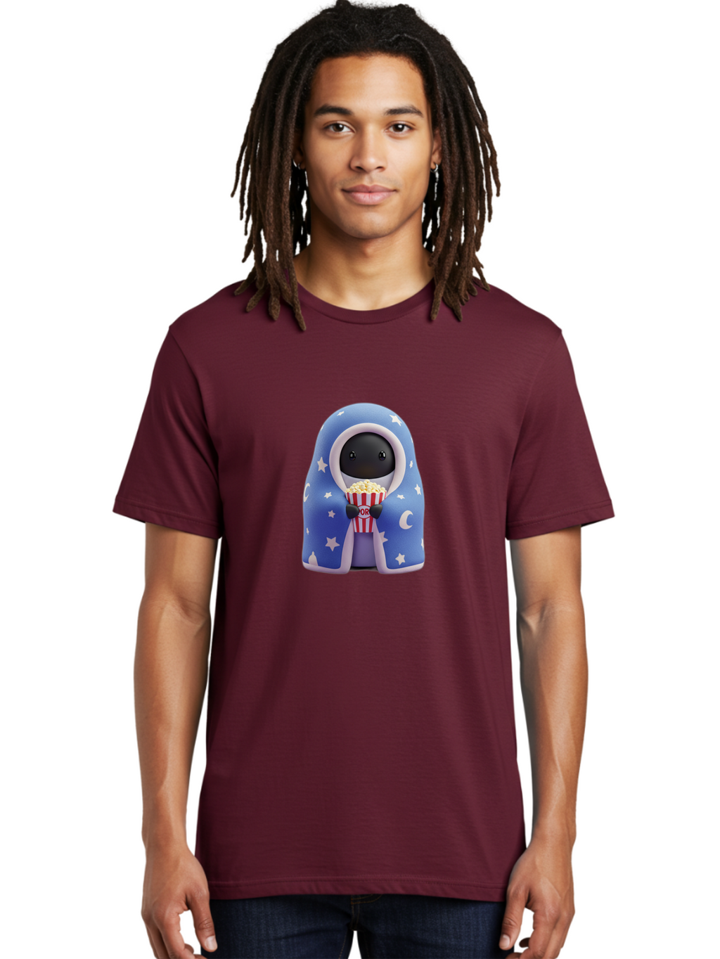 Kaws-Companion Men'S Graphic Tee, 100% Cotton, Comfortable Casual Summer Wear, Machine Washable, Cartoon Character, Blue Robe With Stars, Holding Popcorn, Moon Symbol, Night Theme, Cute Design, Whimsical, Pop Culture, Relaxed, Casual, Bac107