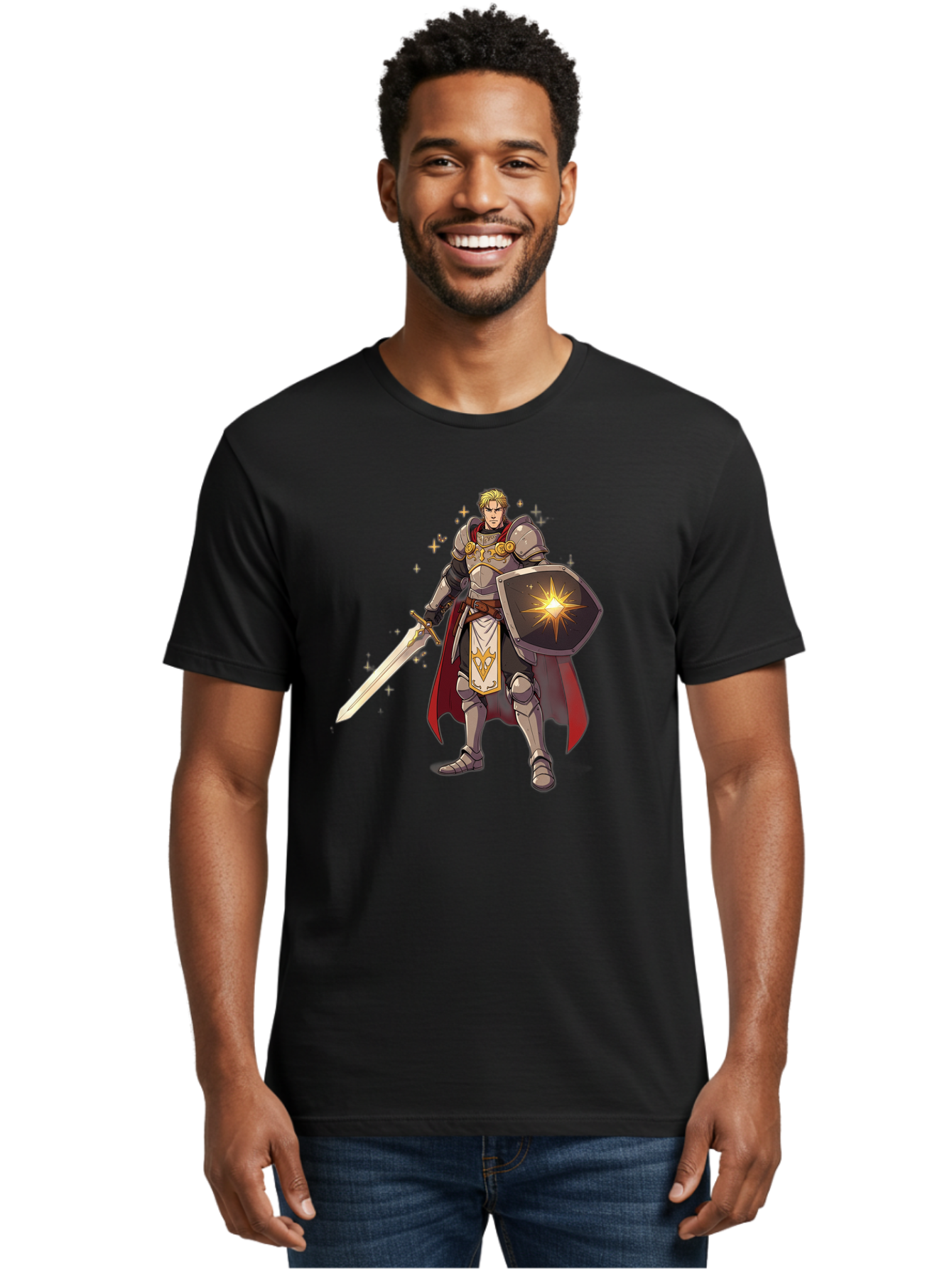 Knight-Templar Men'S Graphic Tee, 100% Cotton, Comfortable Casual Summer Wear, Machine Washable, Knight Templar, Masonic Knight, Armor, Sword, Shield, Freemason Symbol, Gold Accents, Red Cape, Blonde Hair, Sacred Geometry, Spiritual Warrior, Bac108