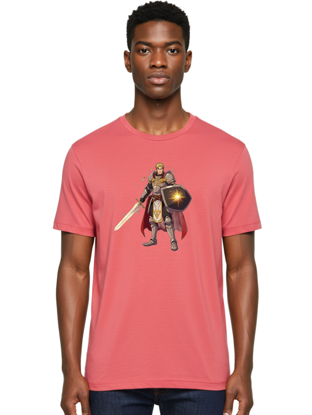 Knight-Templar Men'S Graphic Tee, 100% Cotton, Comfortable Casual Summer Wear, Machine Washable, Knight Templar, Masonic Knight, Armor, Sword, Shield, Freemason Symbol, Gold Accents, Red Cape, Blonde Hair, Sacred Geometry, Spiritual Warrior, Bac108