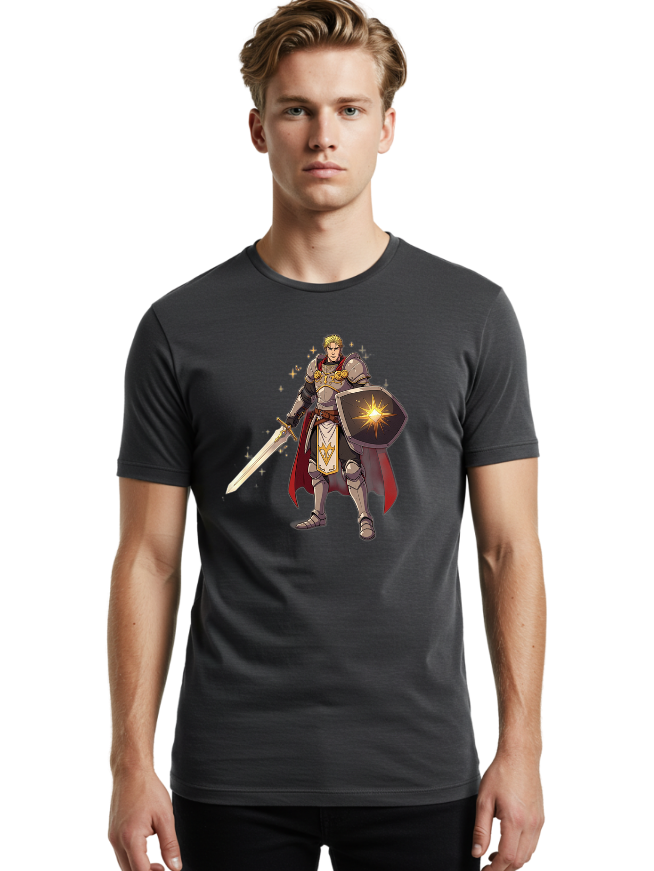 Knight-Templar Men'S Graphic Tee, 100% Cotton, Comfortable Casual Summer Wear, Machine Washable, Knight Templar, Masonic Knight, Armor, Sword, Shield, Freemason Symbol, Gold Accents, Red Cape, Blonde Hair, Sacred Geometry, Spiritual Warrior, Bac108