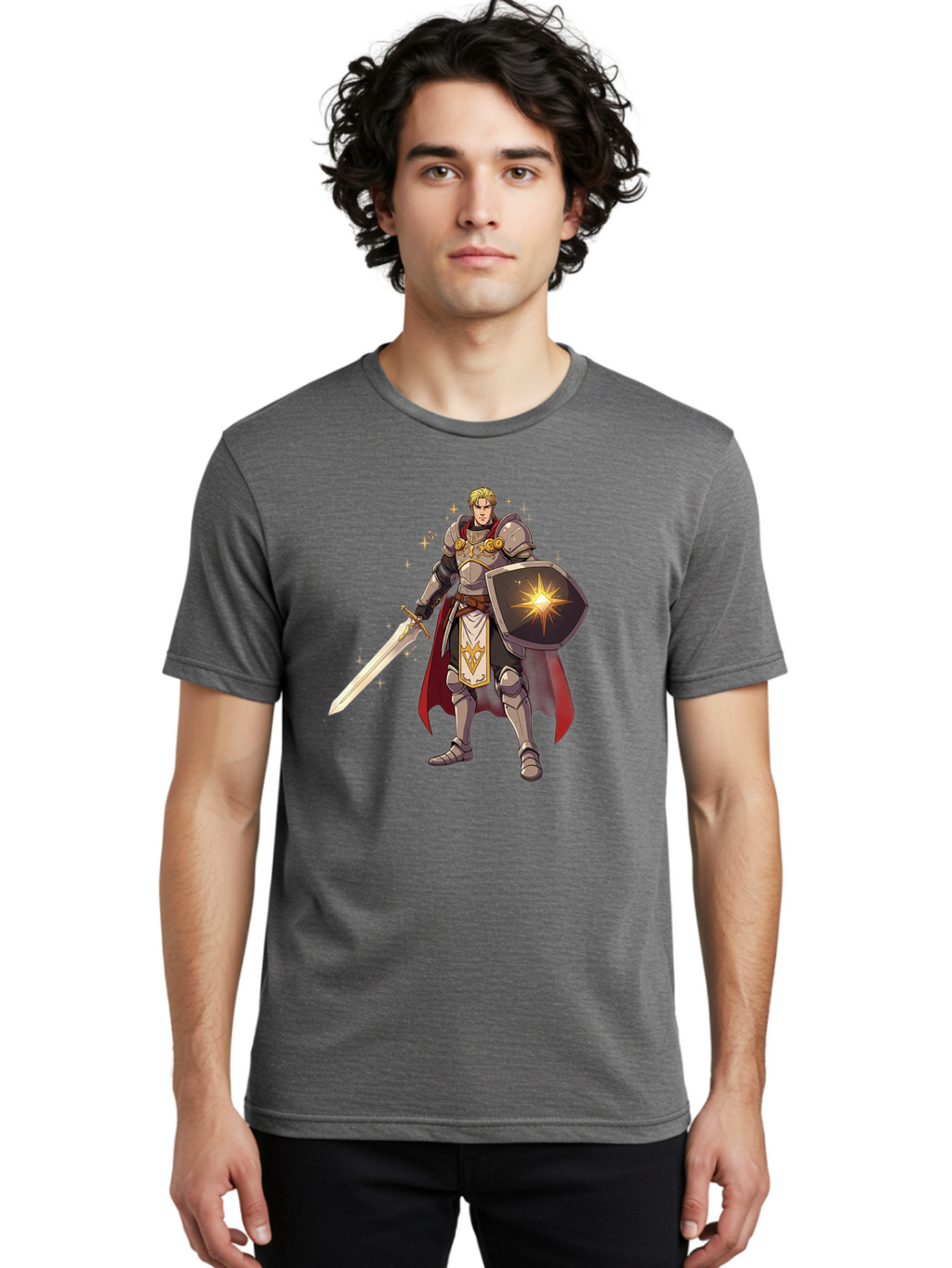 Knight-Templar Men'S Graphic Tee, 100% Cotton, Comfortable Casual Summer Wear, Machine Washable, Knight Templar, Masonic Knight, Armor, Sword, Shield, Freemason Symbol, Gold Accents, Red Cape, Blonde Hair, Sacred Geometry, Spiritual Warrior, Bac108