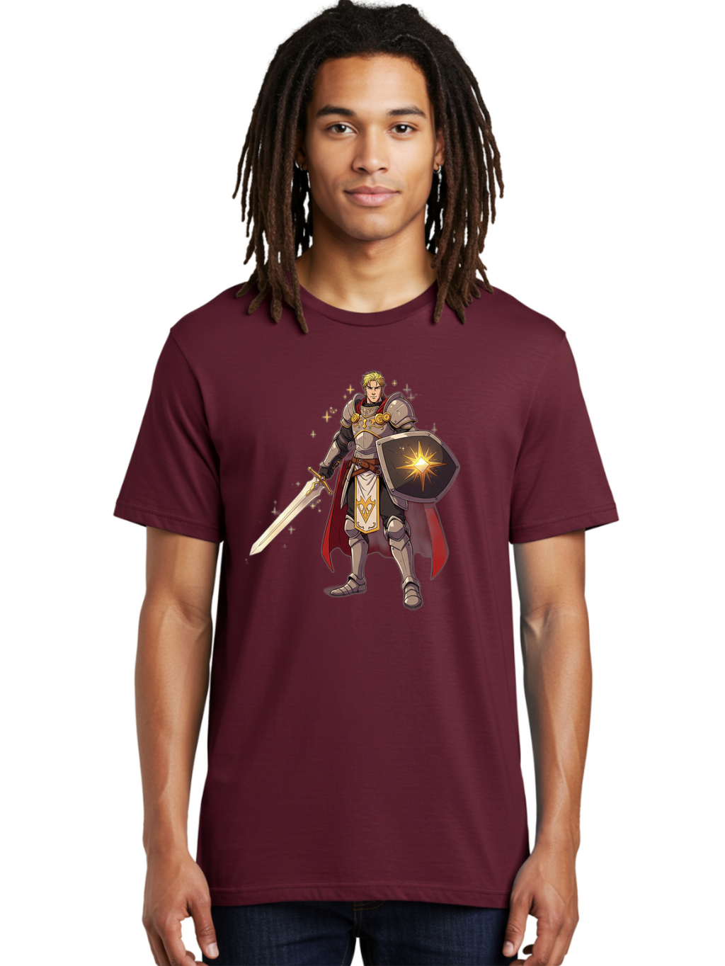 Knight-Templar Men'S Graphic Tee, 100% Cotton, Comfortable Casual Summer Wear, Machine Washable, Knight Templar, Masonic Knight, Armor, Sword, Shield, Freemason Symbol, Gold Accents, Red Cape, Blonde Hair, Sacred Geometry, Spiritual Warrior, Bac108
