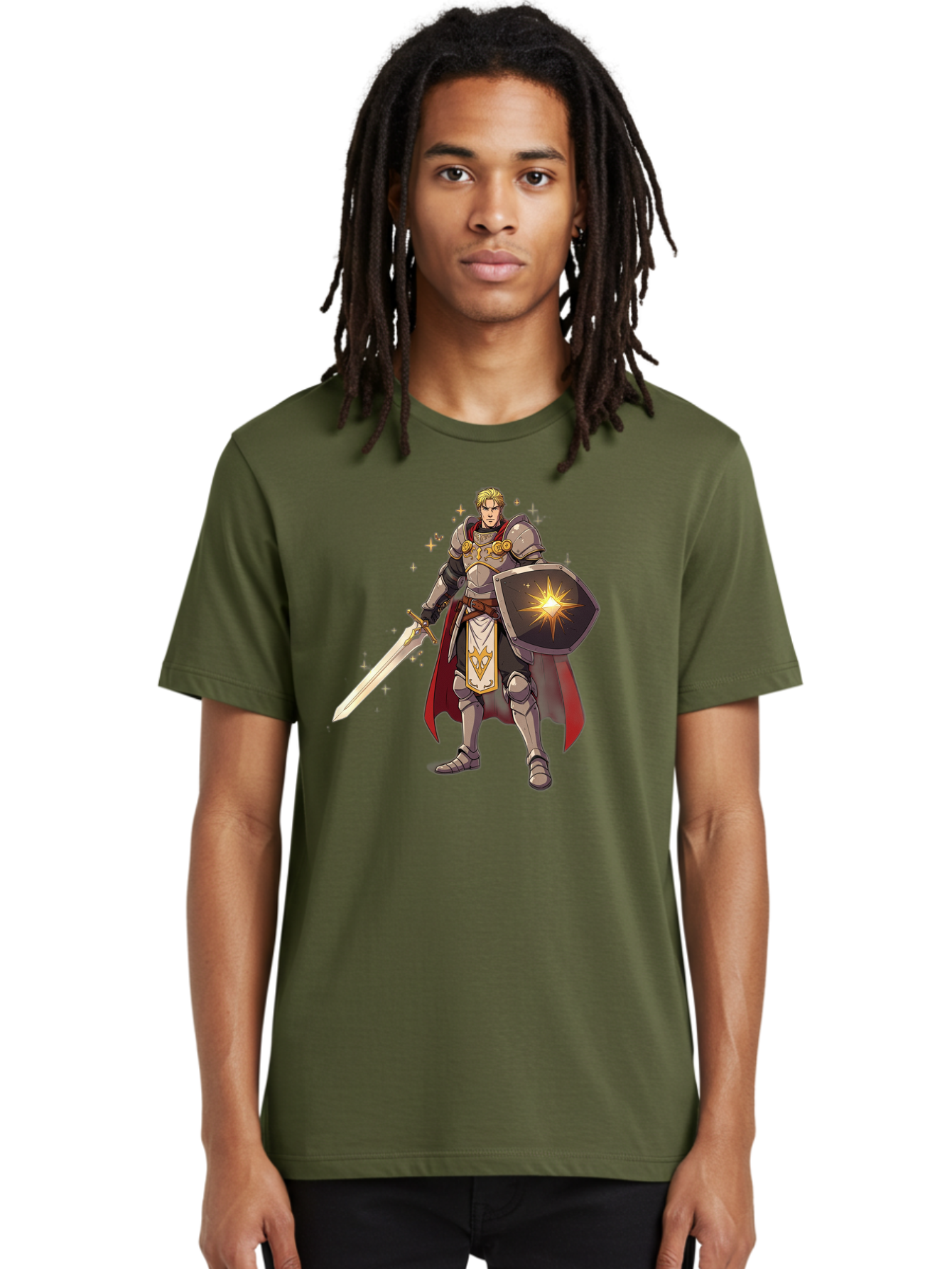 Knight-Templar Men'S Graphic Tee, 100% Cotton, Comfortable Casual Summer Wear, Machine Washable, Knight Templar, Masonic Knight, Armor, Sword, Shield, Freemason Symbol, Gold Accents, Red Cape, Blonde Hair, Sacred Geometry, Spiritual Warrior, Bac108