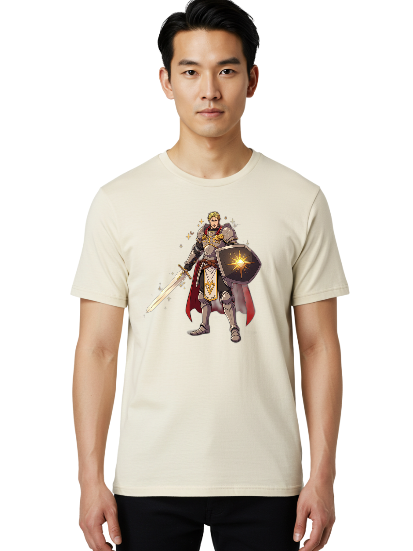 Knight-Templar Men'S Graphic Tee, 100% Cotton, Comfortable Casual Summer Wear, Machine Washable, Knight Templar, Masonic Knight, Armor, Sword, Shield, Freemason Symbol, Gold Accents, Red Cape, Blonde Hair, Sacred Geometry, Spiritual Warrior, Bac108