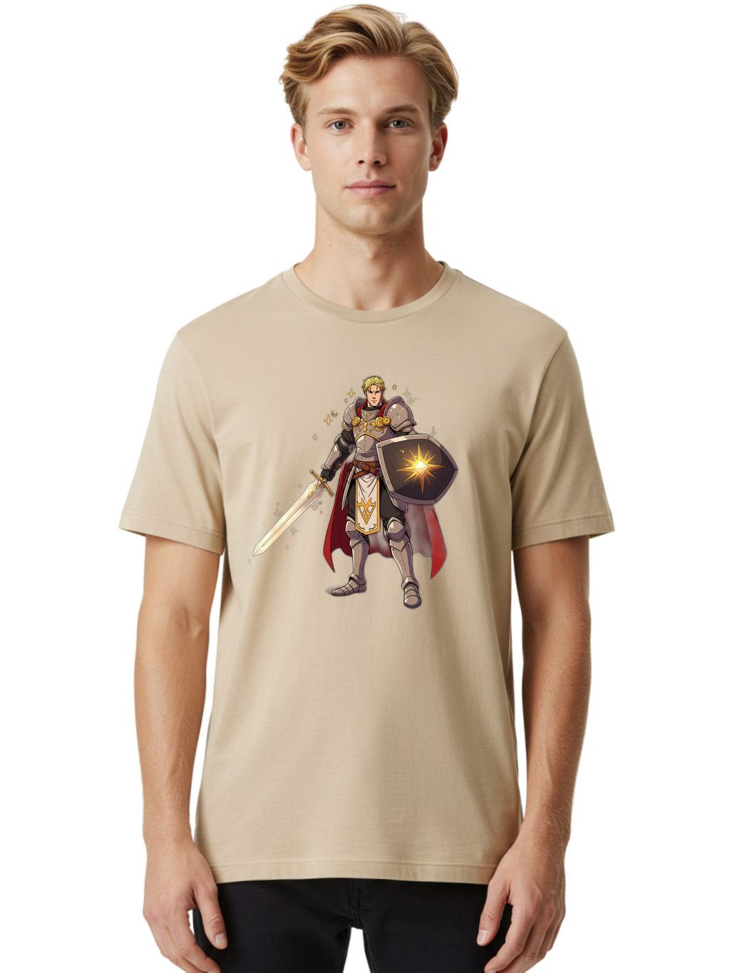 Knight-Templar Men'S Graphic Tee, 100% Cotton, Comfortable Casual Summer Wear, Machine Washable, Knight Templar, Masonic Knight, Armor, Sword, Shield, Freemason Symbol, Gold Accents, Red Cape, Blonde Hair, Sacred Geometry, Spiritual Warrior, Bac108