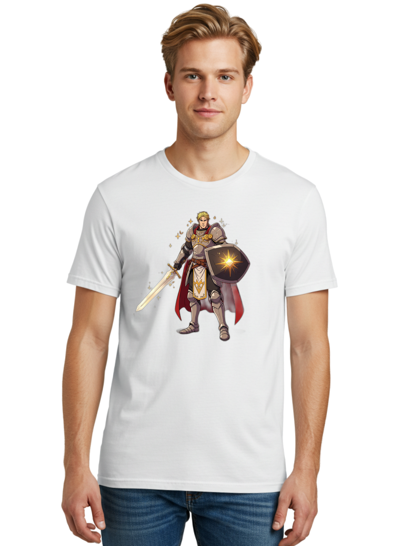 Knight-Templar Men'S Graphic Tee, 100% Cotton, Comfortable Casual Summer Wear, Machine Washable, Knight Templar, Masonic Knight, Armor, Sword, Shield, Freemason Symbol, Gold Accents, Red Cape, Blonde Hair, Sacred Geometry, Spiritual Warrior, Bac108