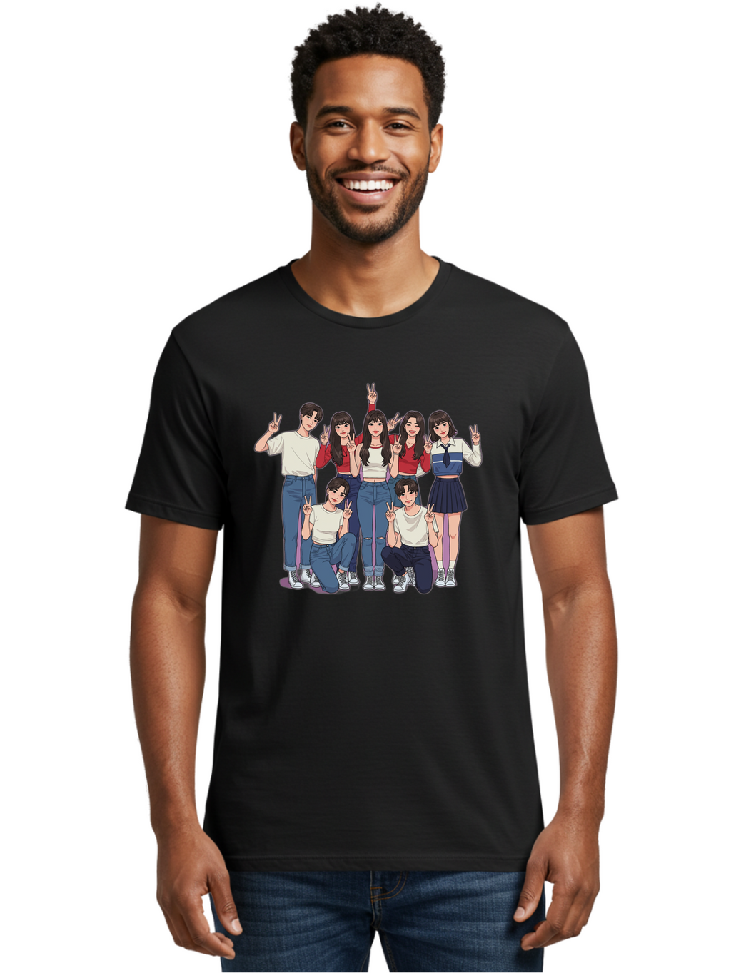 Kpop-Group Men'S Graphic Tee, 100% Cotton, Comfortable Casual Summer Wear, Machine Washable, Group Of Friends, Casual Clothing, Peace Signs, Happy Faces, Cartoon Style, Youth Culture, Friendship, Togetherness, Harmony, Trendy Outfits Bac109