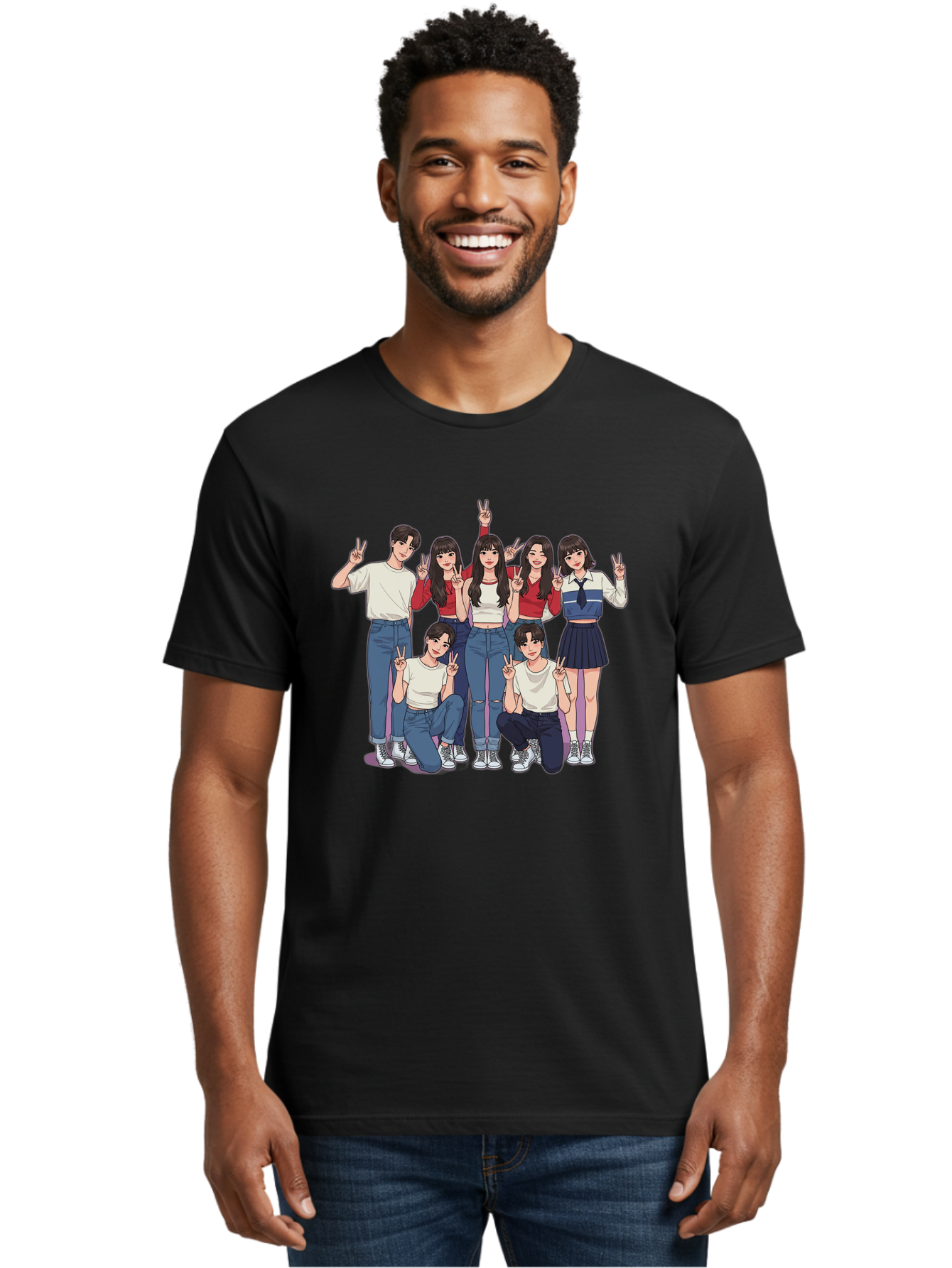 Kpop-Group Men'S Graphic Tee, 100% Cotton, Comfortable Casual Summer Wear, Machine Washable, Group Of Friends, Casual Clothing, Peace Signs, Happy Faces, Cartoon Style, Youth Culture, Friendship, Togetherness, Harmony, Trendy Outfits Bac109