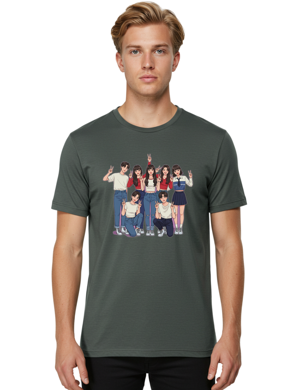 Kpop-Group Men'S Graphic Tee, 100% Cotton, Comfortable Casual Summer Wear, Machine Washable, Group Of Friends, Casual Clothing, Peace Signs, Happy Faces, Cartoon Style, Youth Culture, Friendship, Togetherness, Harmony, Trendy Outfits Bac109