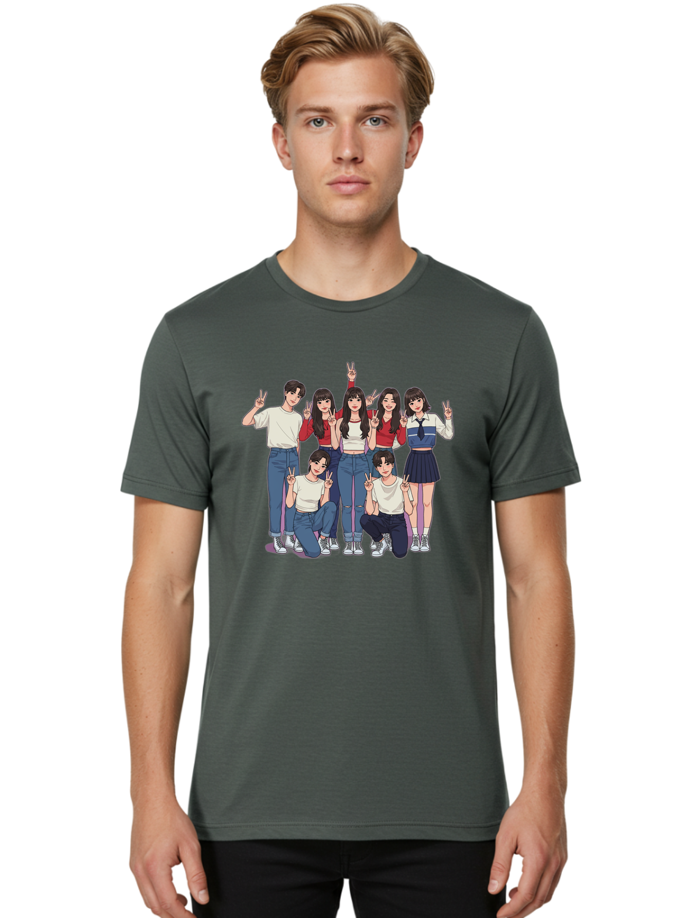 Kpop-Group Men'S Graphic Tee, 100% Cotton, Comfortable Casual Summer Wear, Machine Washable, Group Of Friends, Casual Clothing, Peace Signs, Happy Faces, Cartoon Style, Youth Culture, Friendship, Togetherness, Harmony, Trendy Outfits Bac109