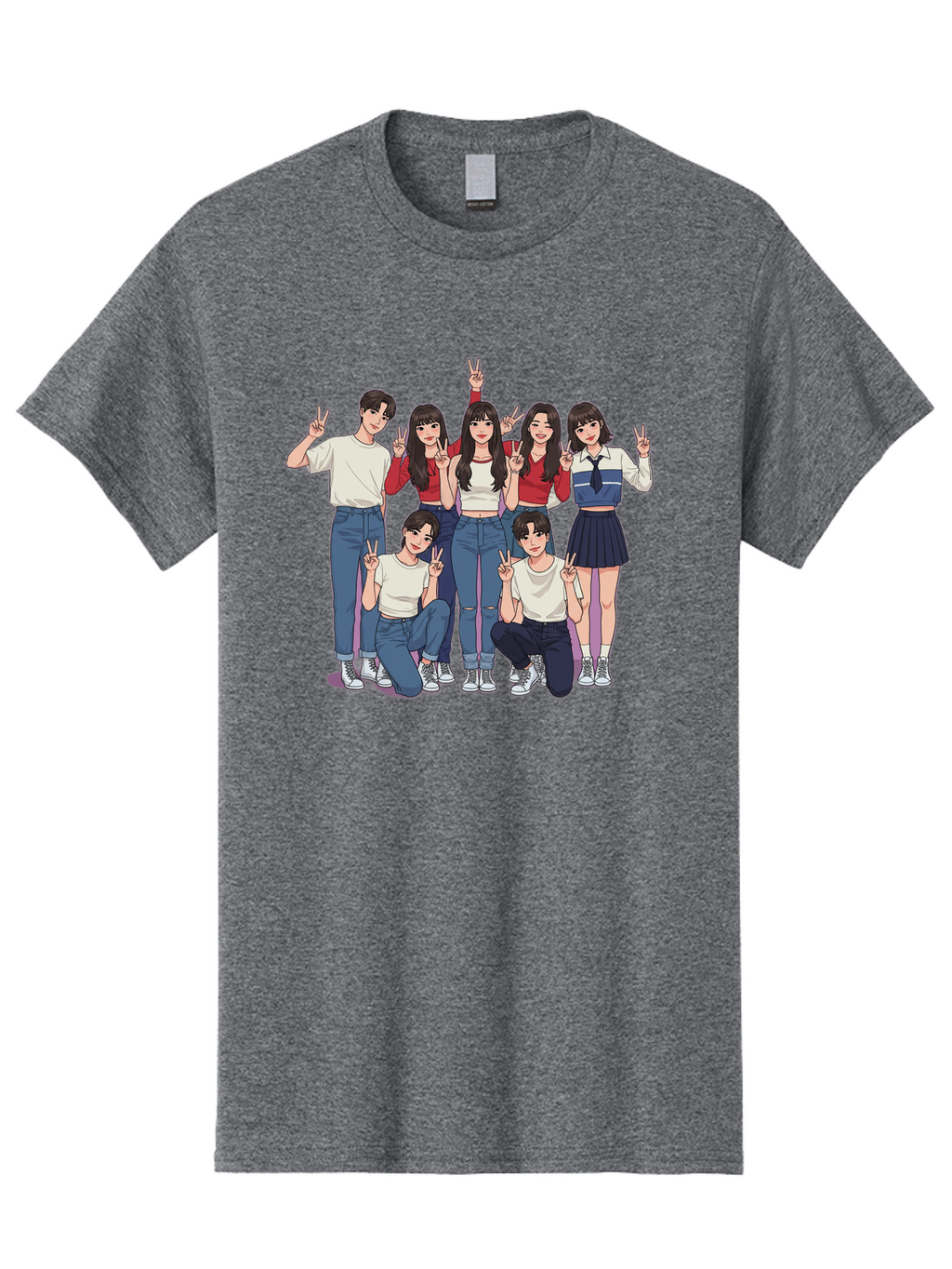 Kpop-Group Men'S Graphic Tee, 100% Cotton, Comfortable Casual Summer Wear, Machine Washable, Group Of Friends, Casual Clothing, Peace Signs, Happy Faces, Cartoon Style, Youth Culture, Friendship, Togetherness, Harmony, Trendy Outfits Bac109
