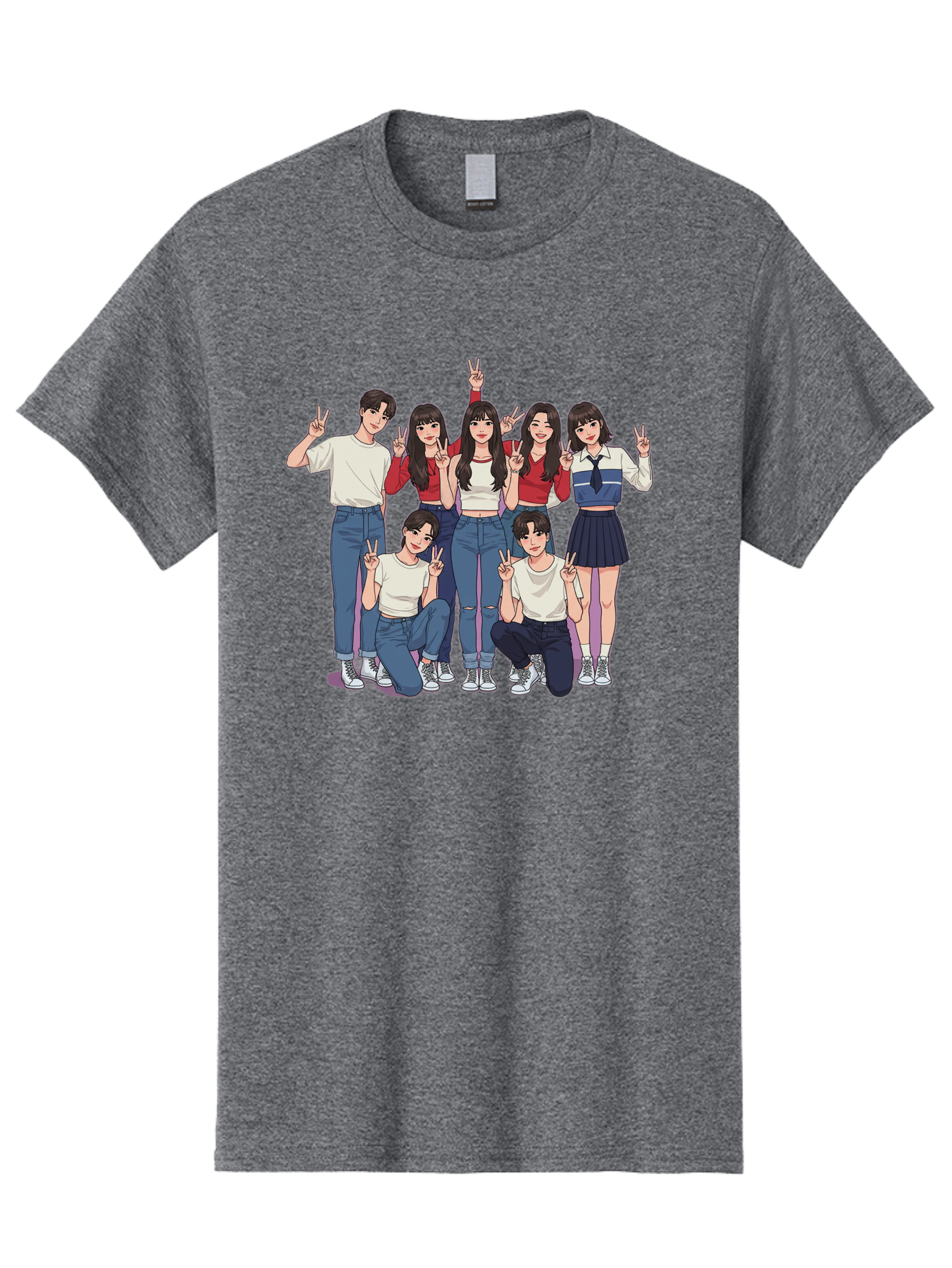 Kpop-Group Men'S Graphic Tee, 100% Cotton, Comfortable Casual Summer Wear, Machine Washable, Group Of Friends, Casual Clothing, Peace Signs, Happy Faces, Cartoon Style, Youth Culture, Friendship, Togetherness, Harmony, Trendy Outfits Bac109