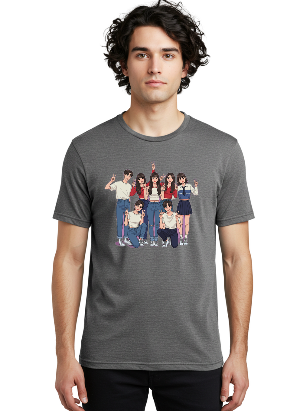 Kpop-Group Men'S Graphic Tee, 100% Cotton, Comfortable Casual Summer Wear, Machine Washable, Group Of Friends, Casual Clothing, Peace Signs, Happy Faces, Cartoon Style, Youth Culture, Friendship, Togetherness, Harmony, Trendy Outfits Bac109