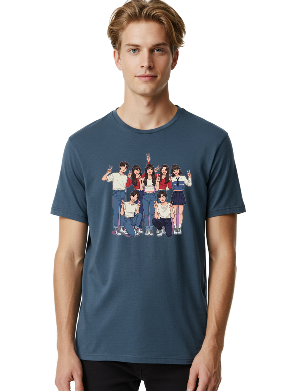 Kpop-Group Men'S Graphic Tee, 100% Cotton, Comfortable Casual Summer Wear, Machine Washable, Group Of Friends, Casual Clothing, Peace Signs, Happy Faces, Cartoon Style, Youth Culture, Friendship, Togetherness, Harmony, Trendy Outfits Bac109