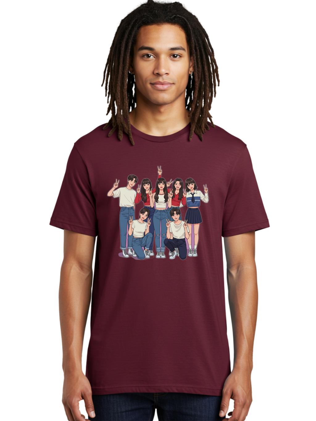 Kpop-Group Men'S Graphic Tee, 100% Cotton, Comfortable Casual Summer Wear, Machine Washable, Group Of Friends, Casual Clothing, Peace Signs, Happy Faces, Cartoon Style, Youth Culture, Friendship, Togetherness, Harmony, Trendy Outfits Bac109