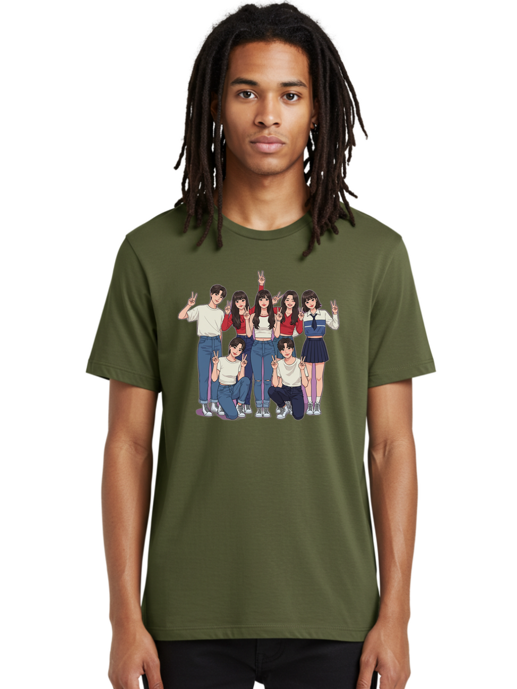 Kpop-Group Men'S Graphic Tee, 100% Cotton, Comfortable Casual Summer Wear, Machine Washable, Group Of Friends, Casual Clothing, Peace Signs, Happy Faces, Cartoon Style, Youth Culture, Friendship, Togetherness, Harmony, Trendy Outfits Bac109