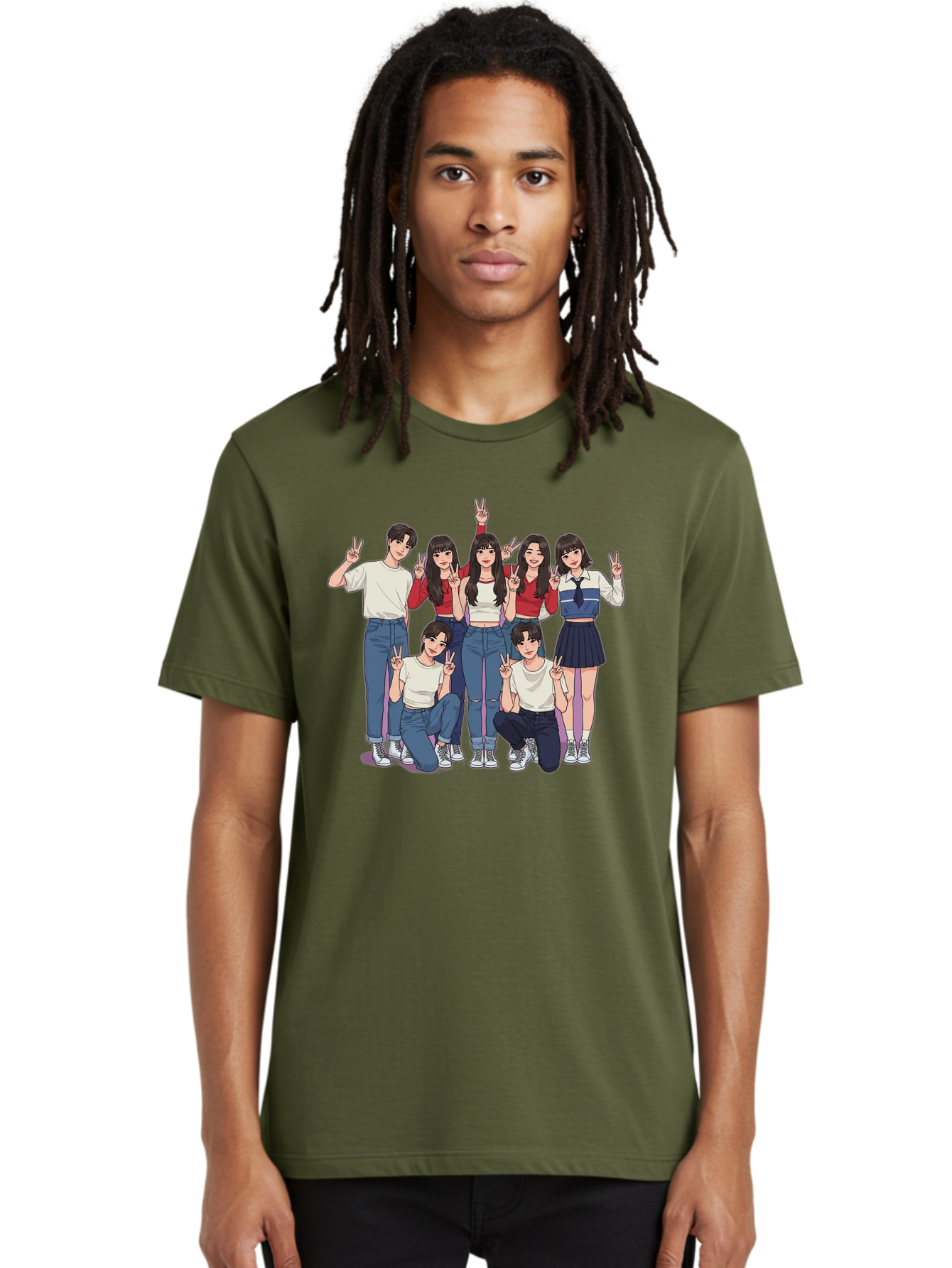 Kpop-Group Men'S Graphic Tee, 100% Cotton, Comfortable Casual Summer Wear, Machine Washable, Group Of Friends, Casual Clothing, Peace Signs, Happy Faces, Cartoon Style, Youth Culture, Friendship, Togetherness, Harmony, Trendy Outfits Bac109