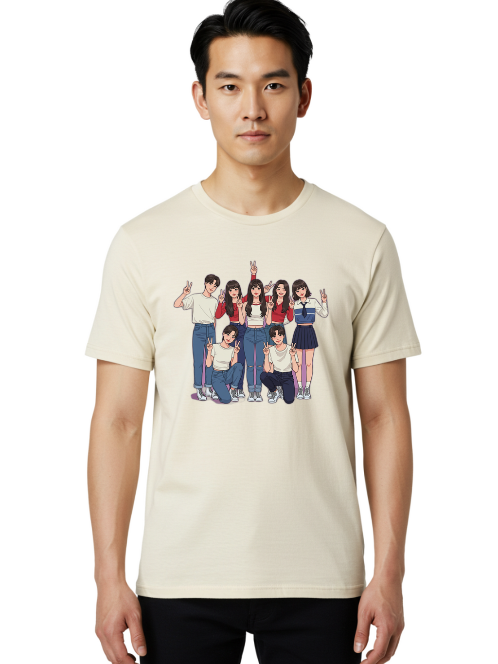 Kpop-Group Men'S Graphic Tee, 100% Cotton, Comfortable Casual Summer Wear, Machine Washable, Group Of Friends, Casual Clothing, Peace Signs, Happy Faces, Cartoon Style, Youth Culture, Friendship, Togetherness, Harmony, Trendy Outfits Bac109