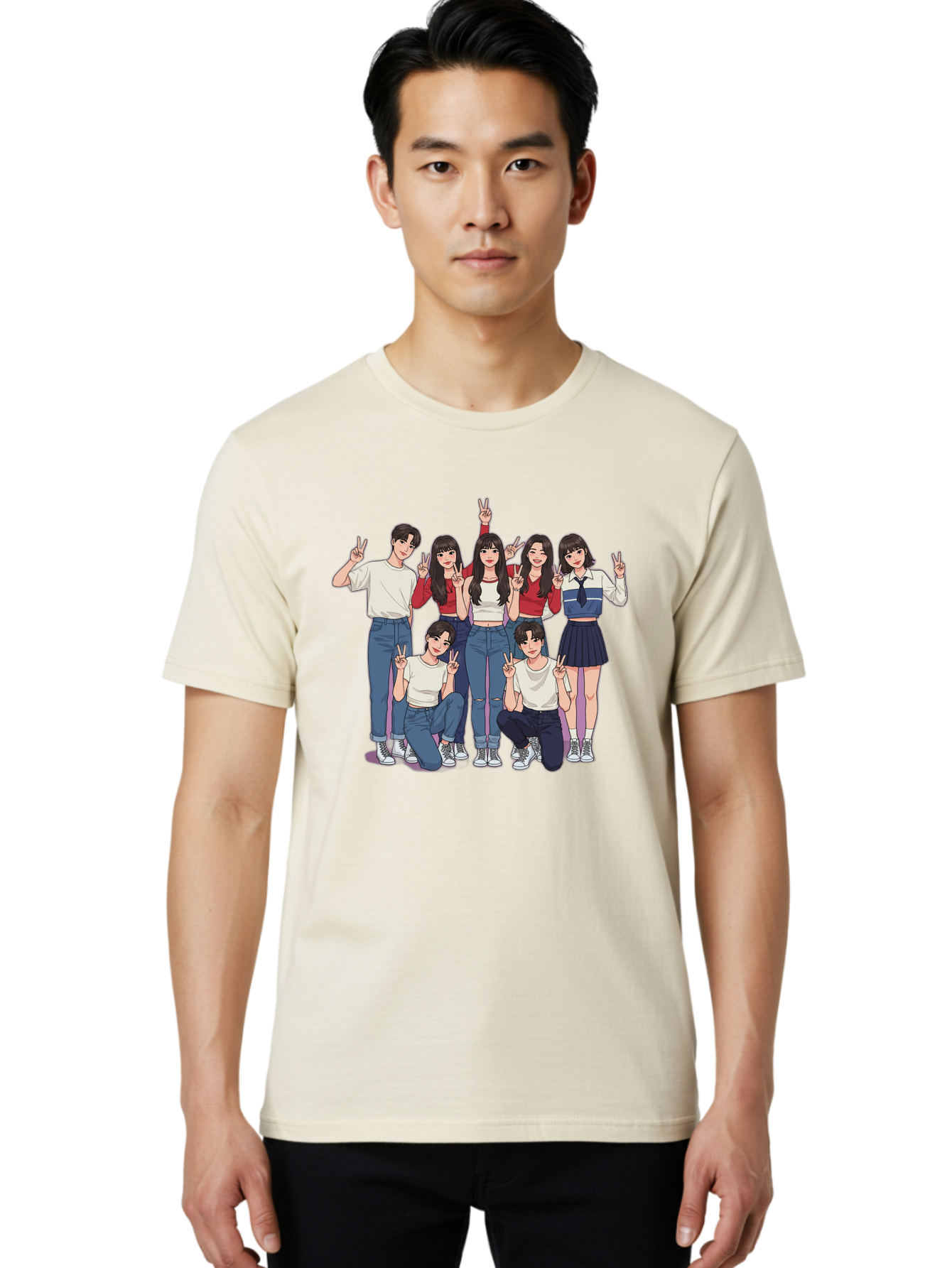 Kpop-Group Men'S Graphic Tee, 100% Cotton, Comfortable Casual Summer Wear, Machine Washable, Group Of Friends, Casual Clothing, Peace Signs, Happy Faces, Cartoon Style, Youth Culture, Friendship, Togetherness, Harmony, Trendy Outfits Bac109