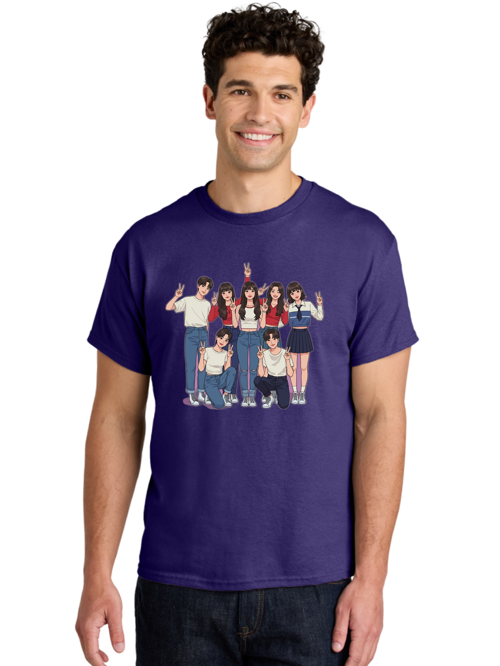 Kpop-Group Men'S Graphic Tee, 100% Cotton, Comfortable Casual Summer Wear, Machine Washable, Group Of Friends, Casual Clothing, Peace Signs, Happy Faces, Cartoon Style, Youth Culture, Friendship, Togetherness, Harmony, Trendy Outfits Bac109