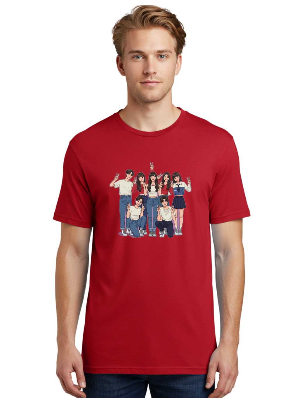 Kpop-Group Men'S Graphic Tee, 100% Cotton, Comfortable Casual Summer Wear, Machine Washable, Group Of Friends, Casual Clothing, Peace Signs, Happy Faces, Cartoon Style, Youth Culture, Friendship, Togetherness, Harmony, Trendy Outfits Bac109