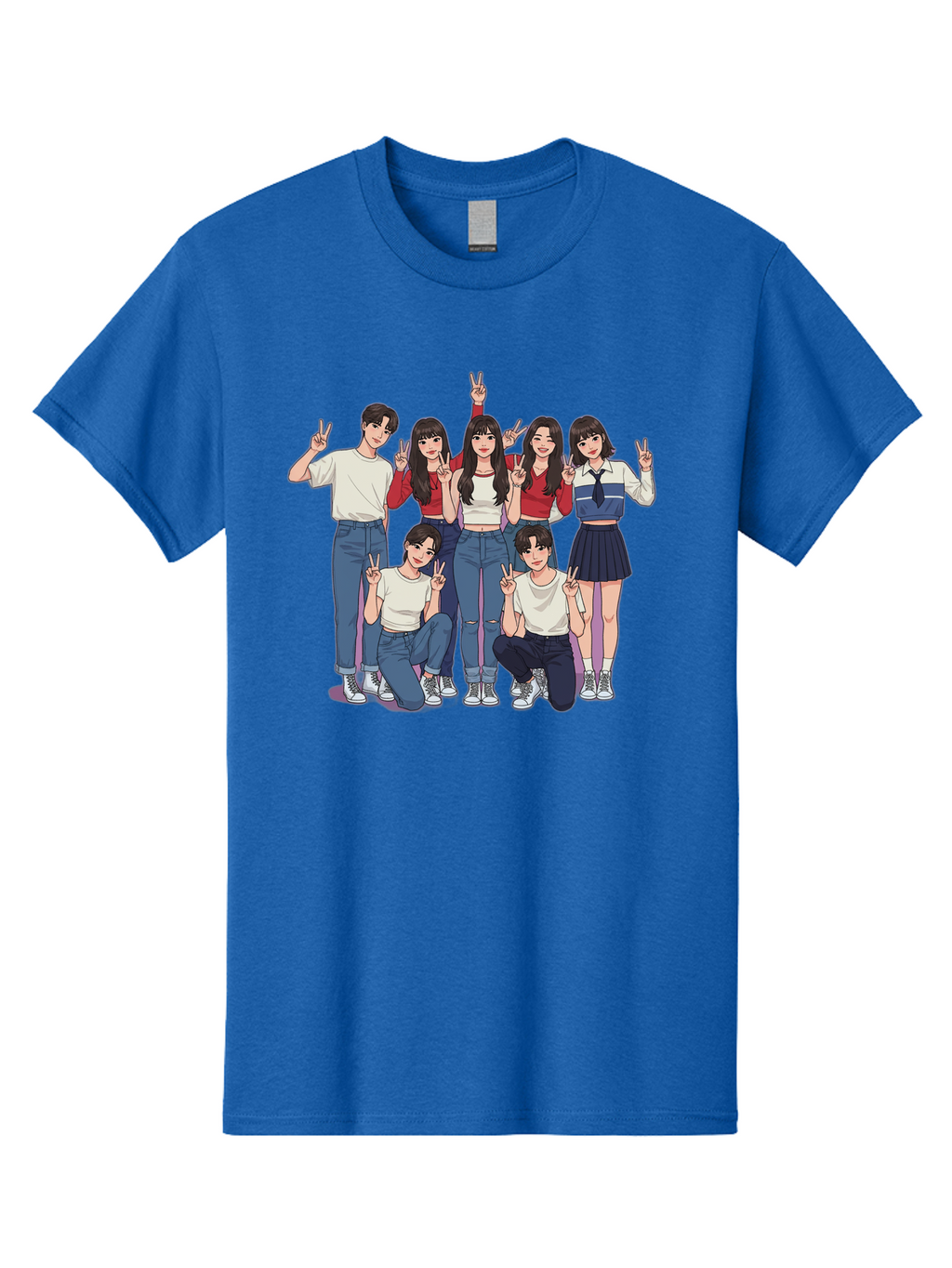 Kpop-Group Men'S Graphic Tee, 100% Cotton, Comfortable Casual Summer Wear, Machine Washable, Group Of Friends, Casual Clothing, Peace Signs, Happy Faces, Cartoon Style, Youth Culture, Friendship, Togetherness, Harmony, Trendy Outfits Bac109
