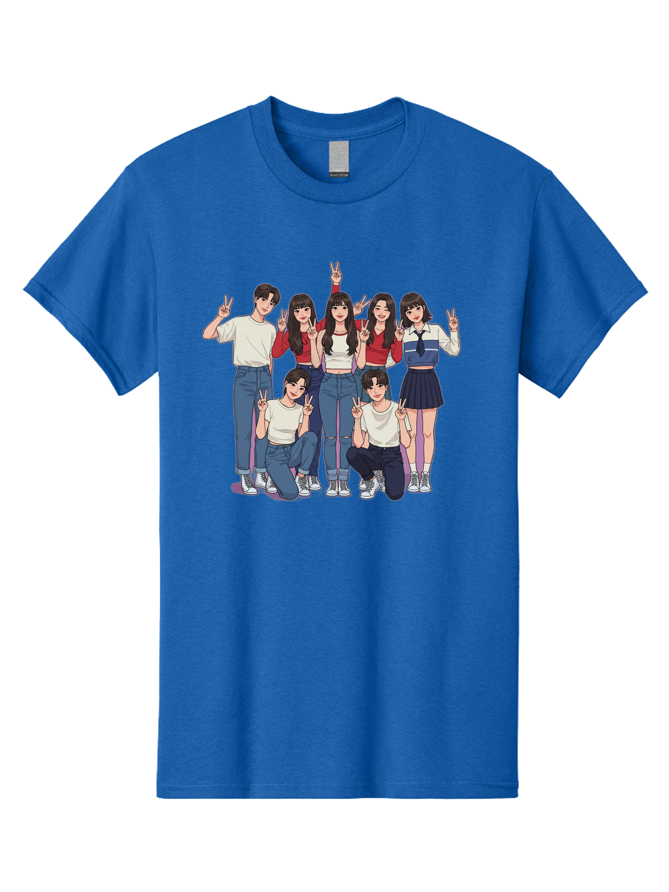 Kpop-Group Men'S Graphic Tee, 100% Cotton, Comfortable Casual Summer Wear, Machine Washable, Group Of Friends, Casual Clothing, Peace Signs, Happy Faces, Cartoon Style, Youth Culture, Friendship, Togetherness, Harmony, Trendy Outfits Bac109