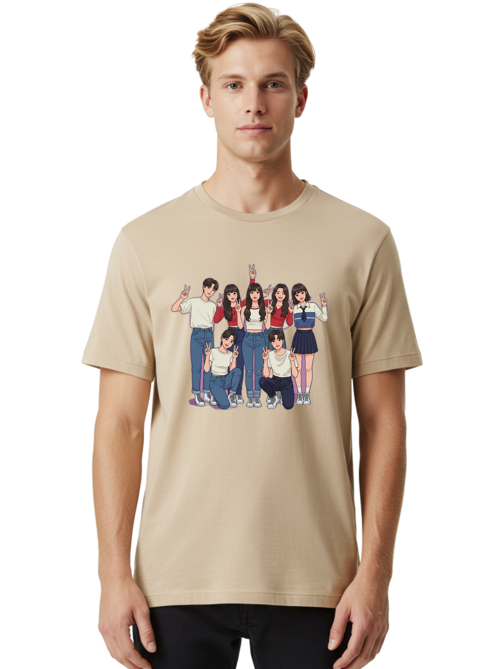 Kpop-Group Men'S Graphic Tee, 100% Cotton, Comfortable Casual Summer Wear, Machine Washable, Group Of Friends, Casual Clothing, Peace Signs, Happy Faces, Cartoon Style, Youth Culture, Friendship, Togetherness, Harmony, Trendy Outfits Bac109
