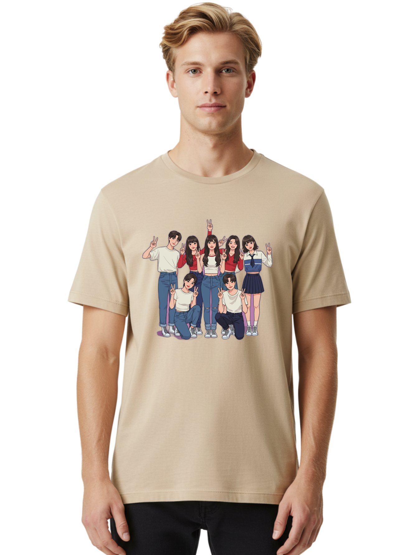 Kpop-Group Men'S Graphic Tee, 100% Cotton, Comfortable Casual Summer Wear, Machine Washable, Group Of Friends, Casual Clothing, Peace Signs, Happy Faces, Cartoon Style, Youth Culture, Friendship, Togetherness, Harmony, Trendy Outfits Bac109