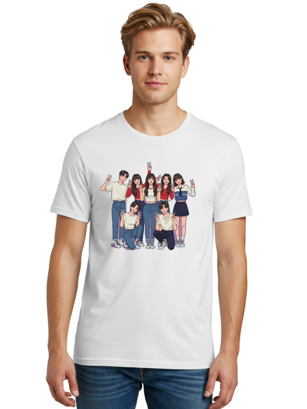 Kpop-Group Men'S Graphic Tee, 100% Cotton, Comfortable Casual Summer Wear, Machine Washable, Group Of Friends, Casual Clothing, Peace Signs, Happy Faces, Cartoon Style, Youth Culture, Friendship, Togetherness, Harmony, Trendy Outfits Bac109