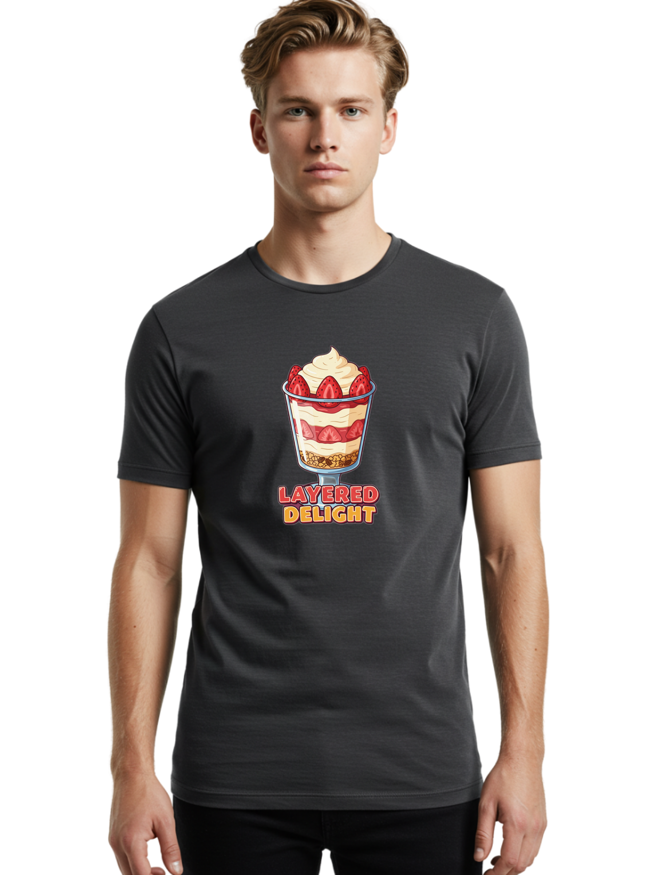 Layered-Delight Men'S Graphic Tee, 100% Cotton, Comfortable Casual Summer Wear, Machine Washable, Layered Dessert, Strawberry Parfait, Whipped Cream, Sweet Treat, Crunchy Granola, Layered Delight, Dessert Cup, Tasty Layers, Strawberry Topping, Bac110