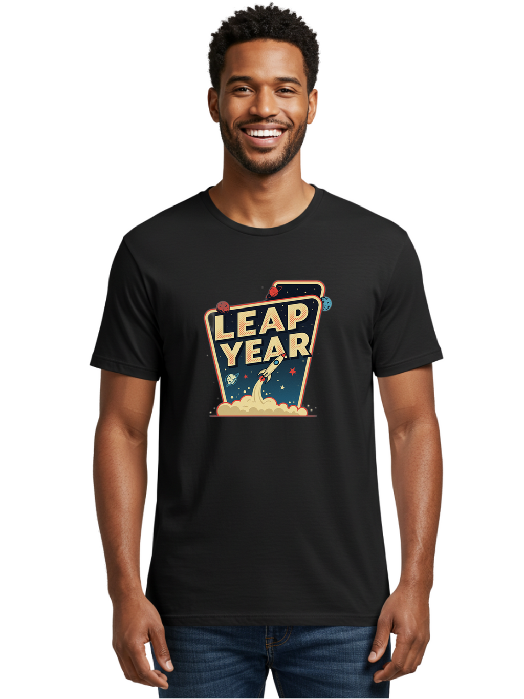 Leap-Year-1 Men'S Graphic Tee, 100% Cotton, Comfortable Casual Summer Wear, Machine Washable, Leap Year, Rocket Ship, Space Travel, Stars, Planets, Celestial Bodies, Retro-Futuristic, Vintage Space, Space Exploration, Launch Sequence Bac111