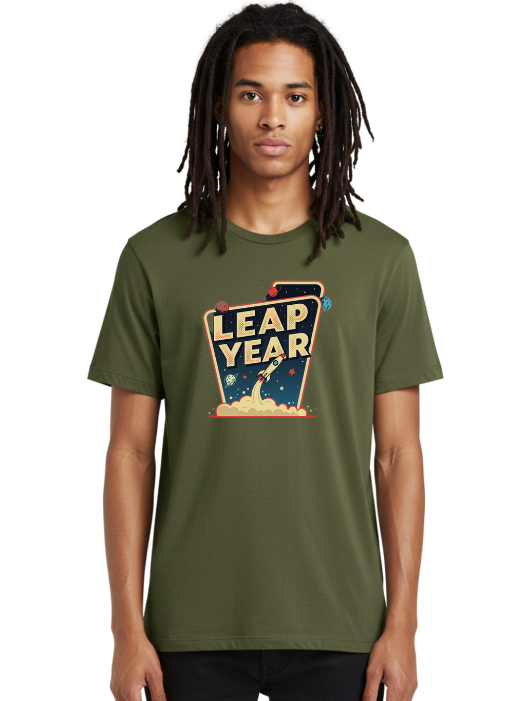 Leap-Year-1 Men'S Graphic Tee, 100% Cotton, Comfortable Casual Summer Wear, Machine Washable, Leap Year, Rocket Ship, Space Travel, Stars, Planets, Celestial Bodies, Retro-Futuristic, Vintage Space, Space Exploration, Launch Sequence Bac111