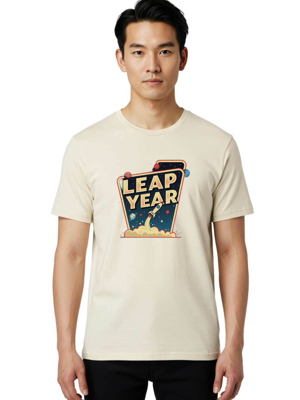 Leap-Year-1 Men'S Graphic Tee, 100% Cotton, Comfortable Casual Summer Wear, Machine Washable, Leap Year, Rocket Ship, Space Travel, Stars, Planets, Celestial Bodies, Retro-Futuristic, Vintage Space, Space Exploration, Launch Sequence Bac111